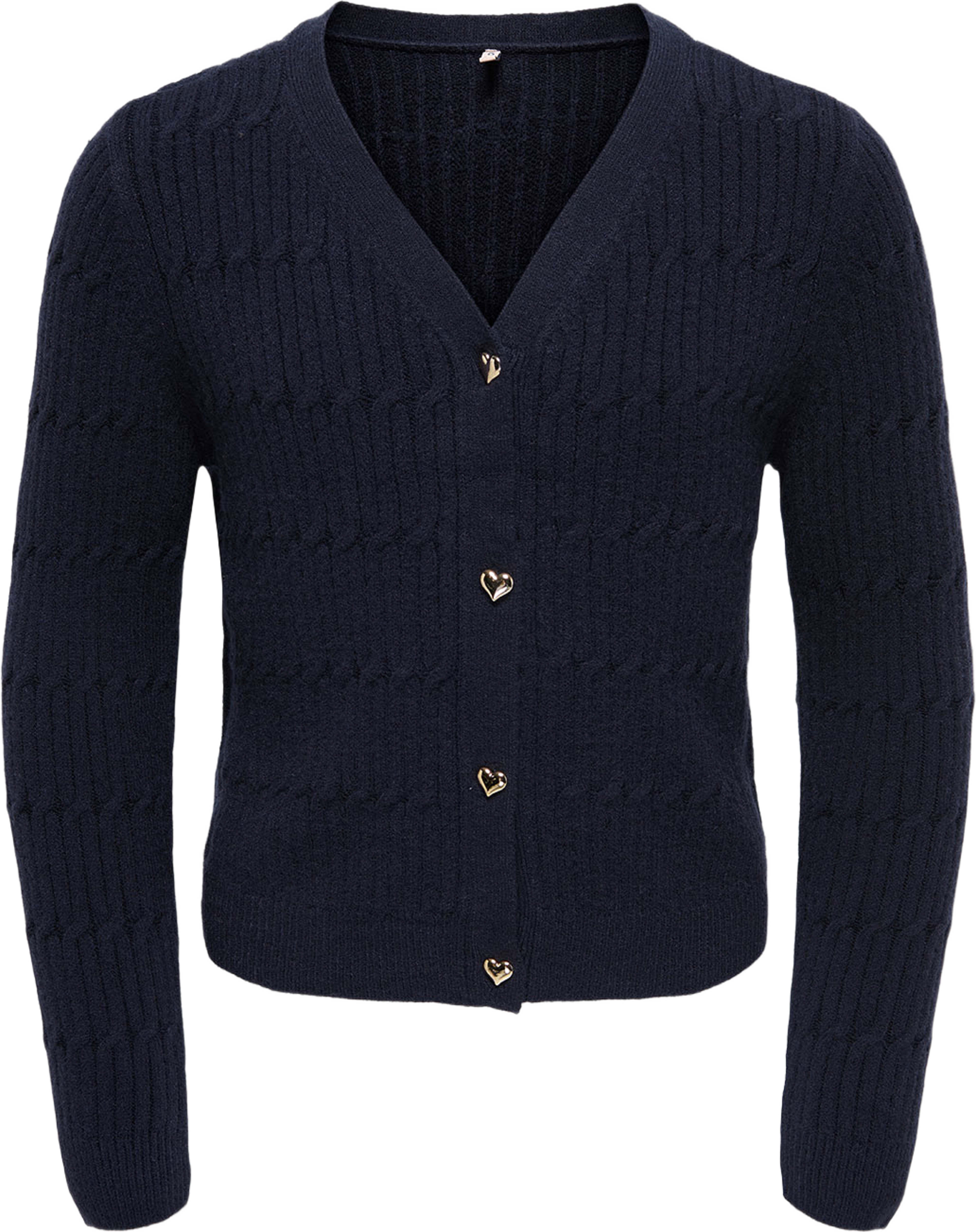 Katia Cable V-Neck Cardigan, från Only, i färgen Night Sky Melange/Gold Heart Buttons. Klicka för att öppna bilden i stort format