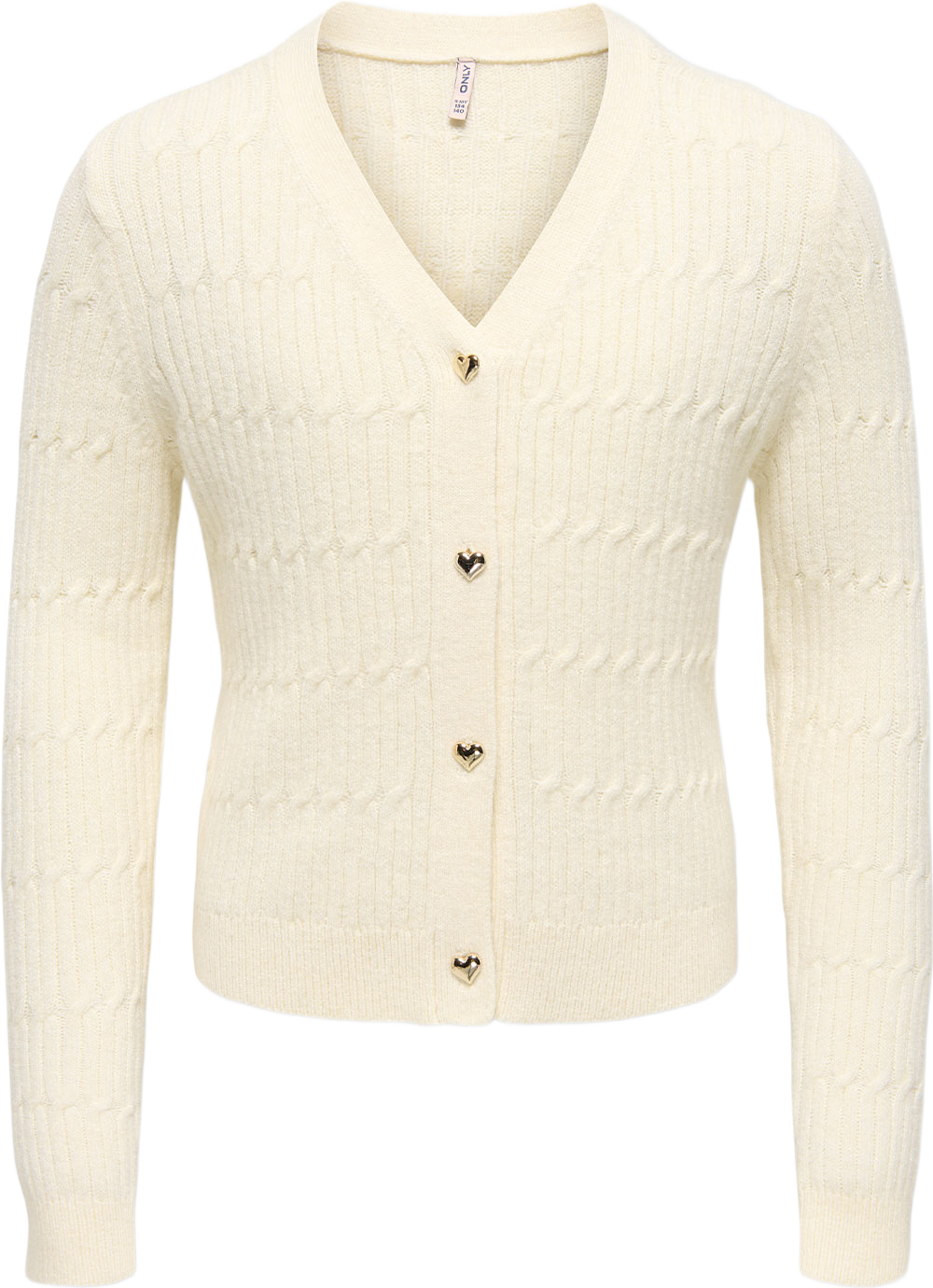 Katia Cable V-Neck Cardigan, från Only, i färgen Whitecap Gray Melange/Gold Heart Buttons. Klicka för att öppna bilden i stort format