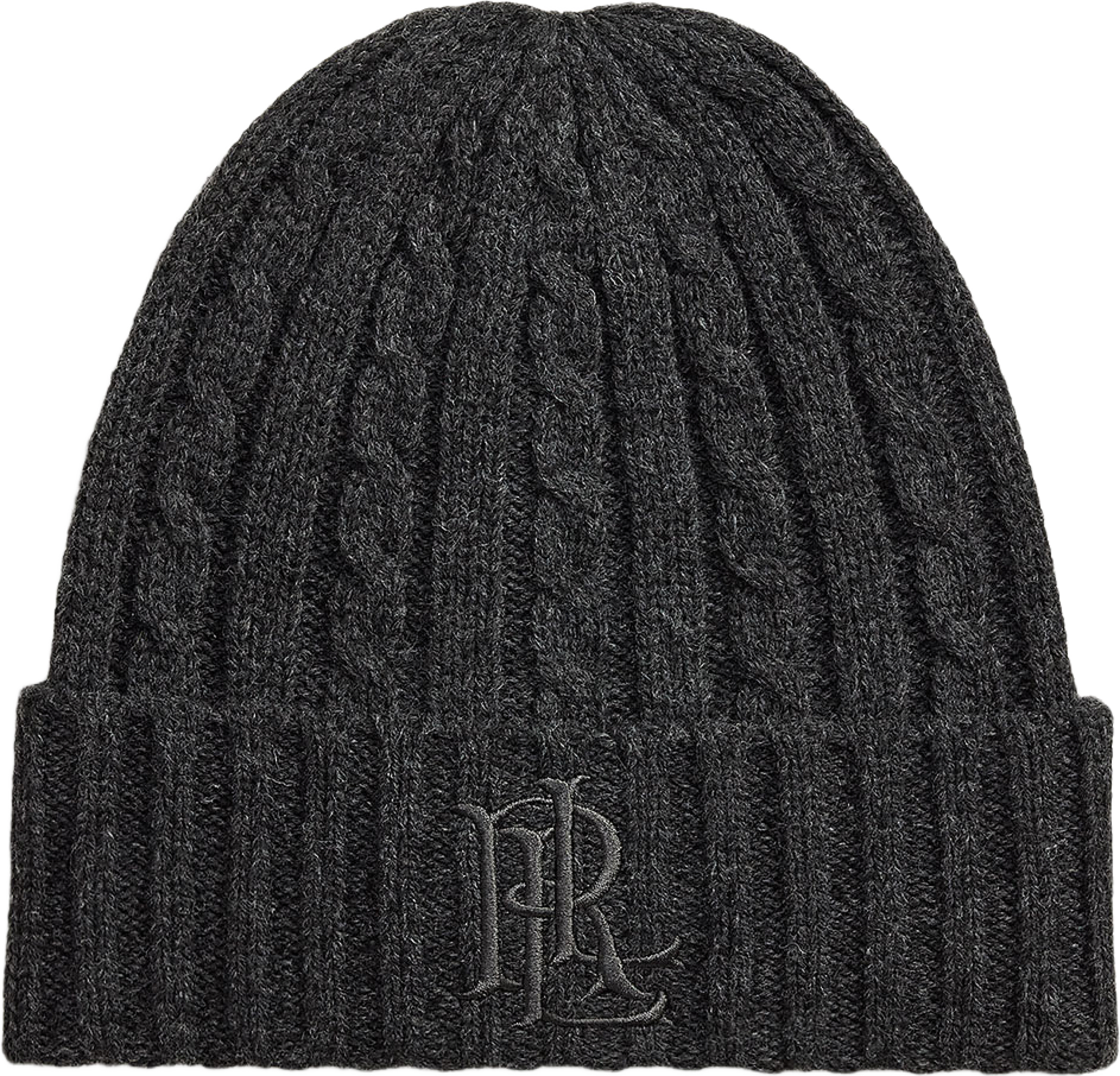 Embroidered-Logo Cable-Knit Beanie, från Lauren Ralph Lauren, i färgen Onyx Heather. Klicka för att öppna bilden i stort format