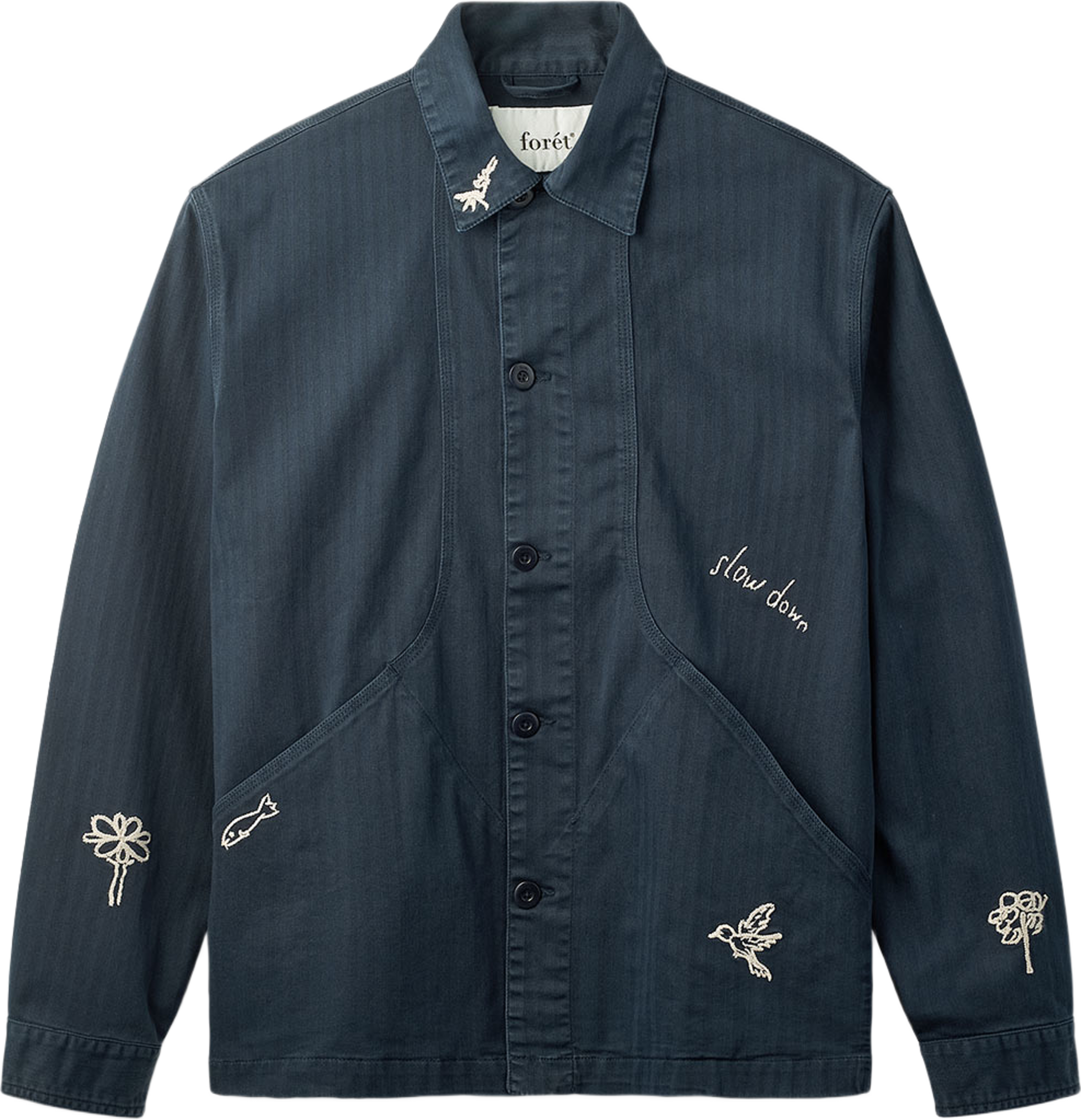 Berry Herringbone Embroidery Overshirt, från Forét, i färgen Navy. Klicka för att öppna bilden i stort format