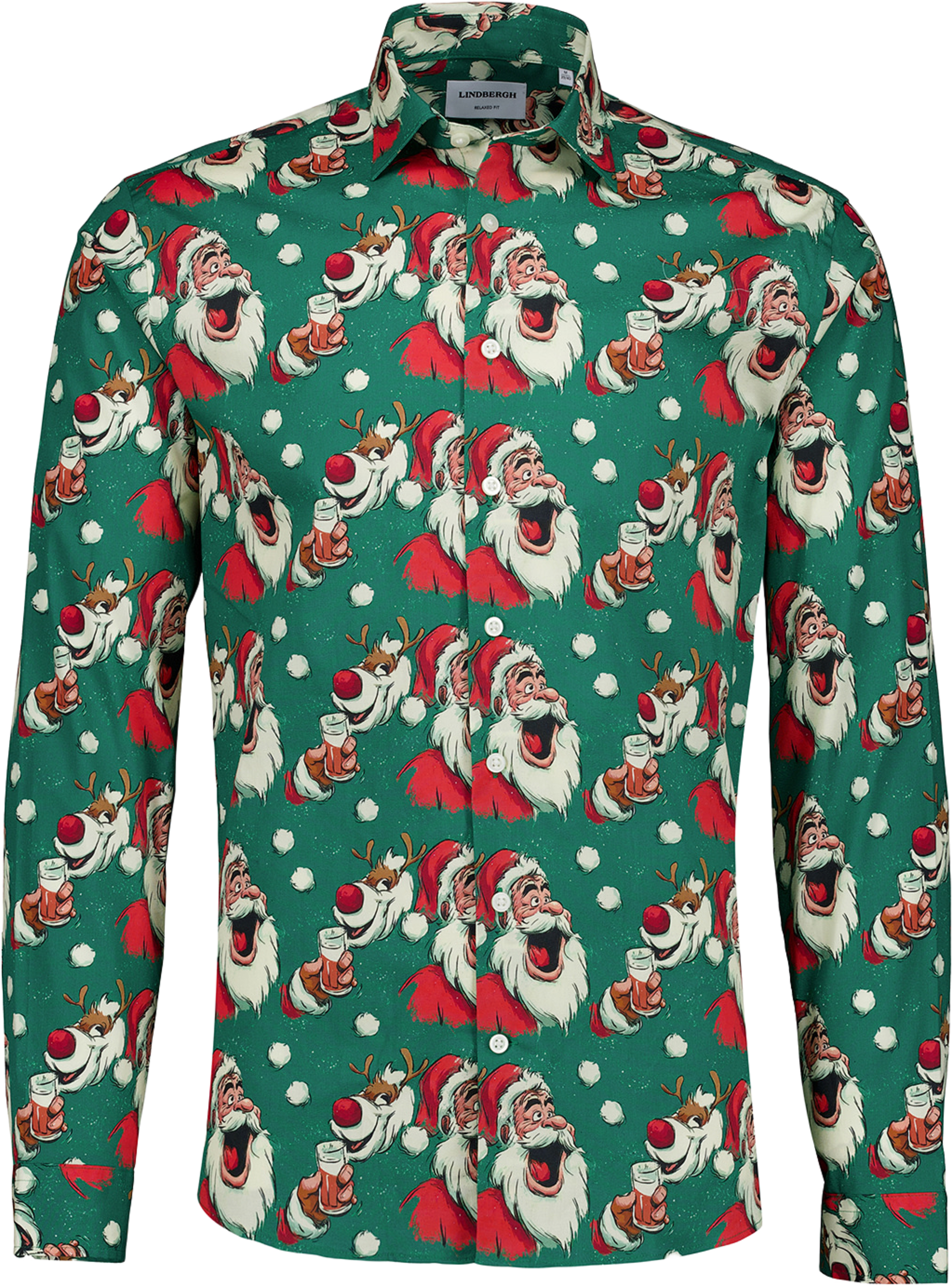 AOP Christmas Shirt L/S, från Lindbergh, i färgen Green. Klicka för att öppna bilden i stort format