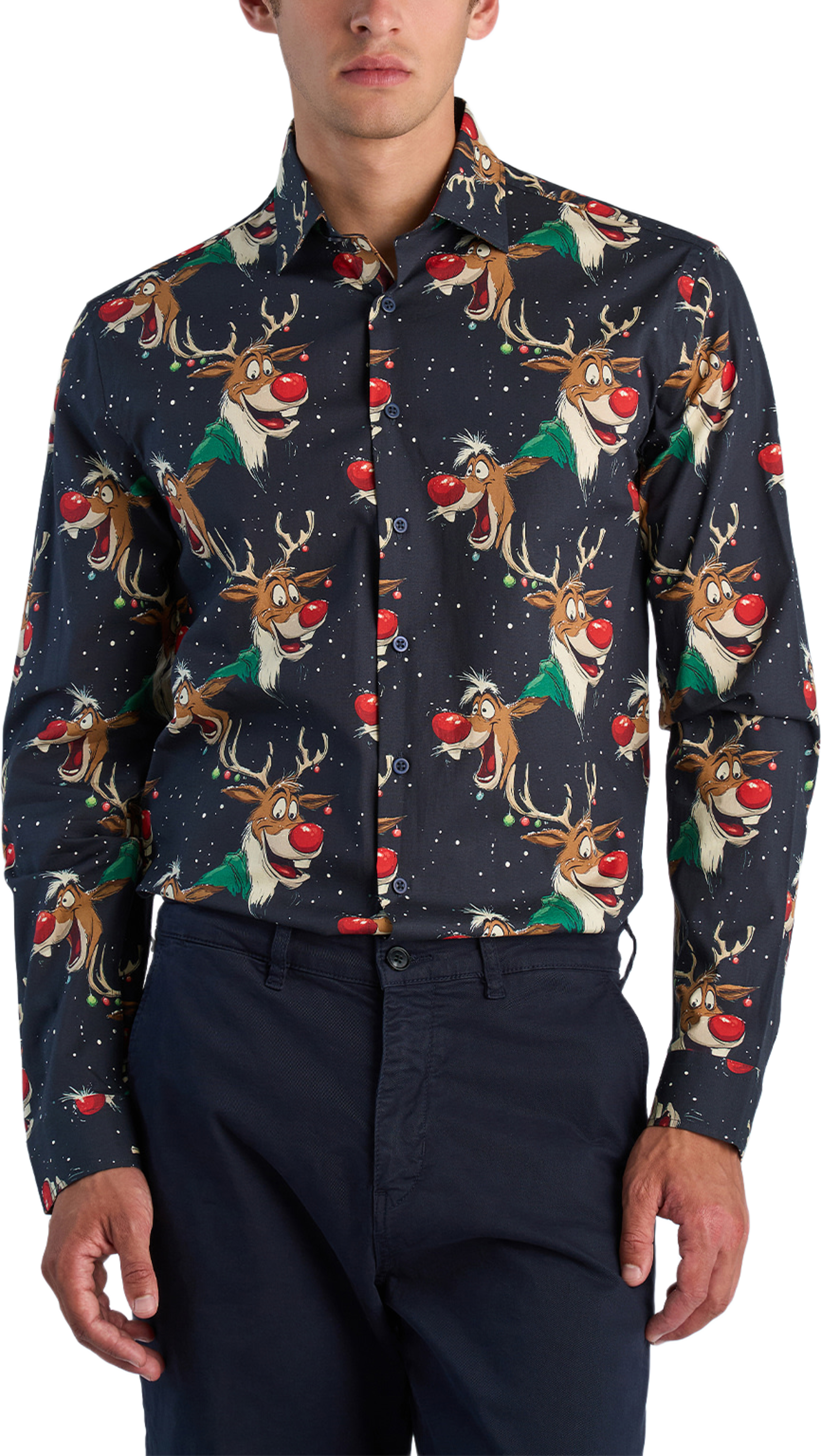 AOP Christmas Shirt L/S, från Lindbergh, i färgen Dk Blue. Klicka för att öppna bilden i stort format