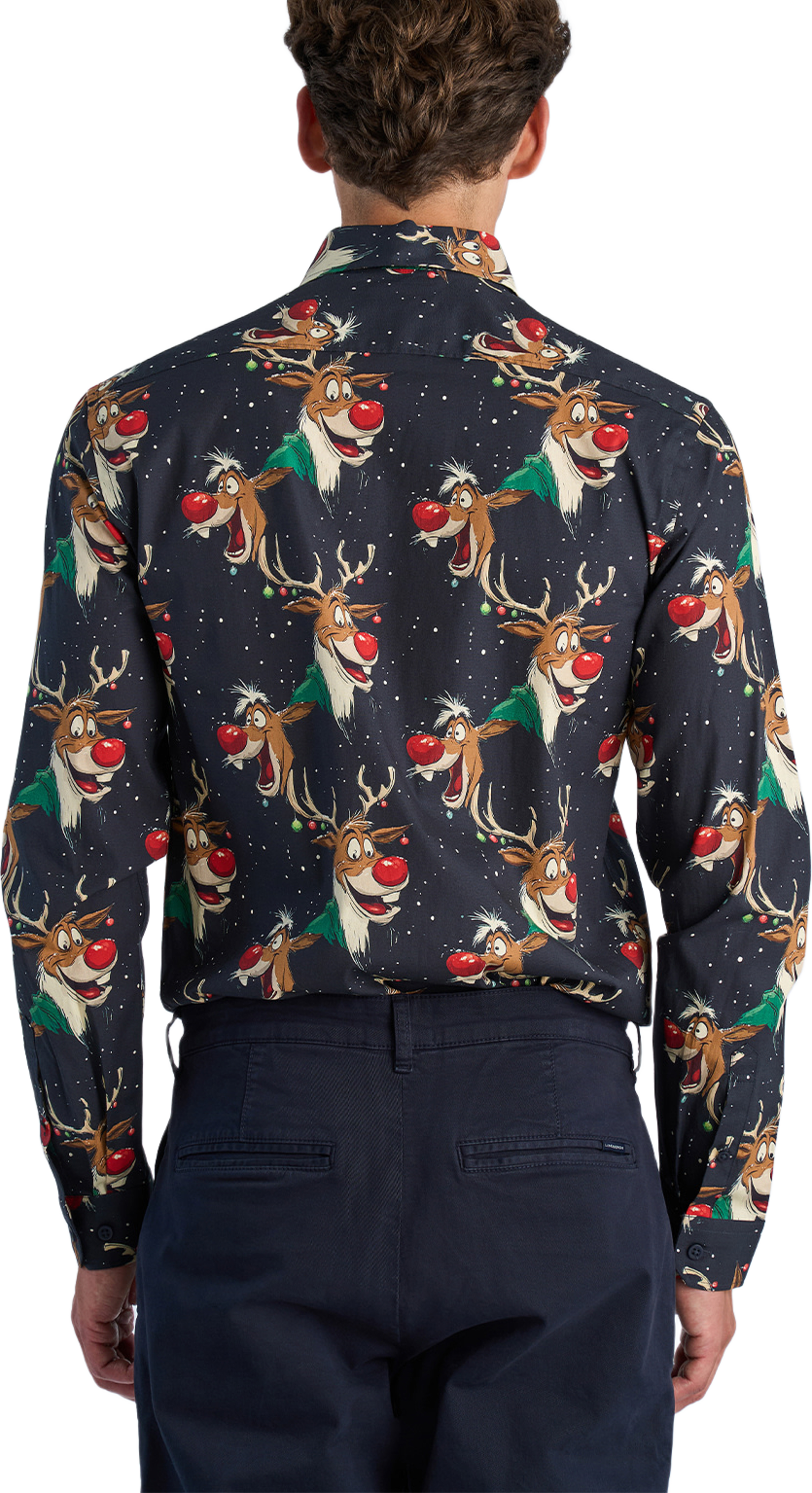 AOP Christmas Shirt L/S, från Lindbergh, i färgen Dk Blue. Klicka för att öppna bilden i stort format