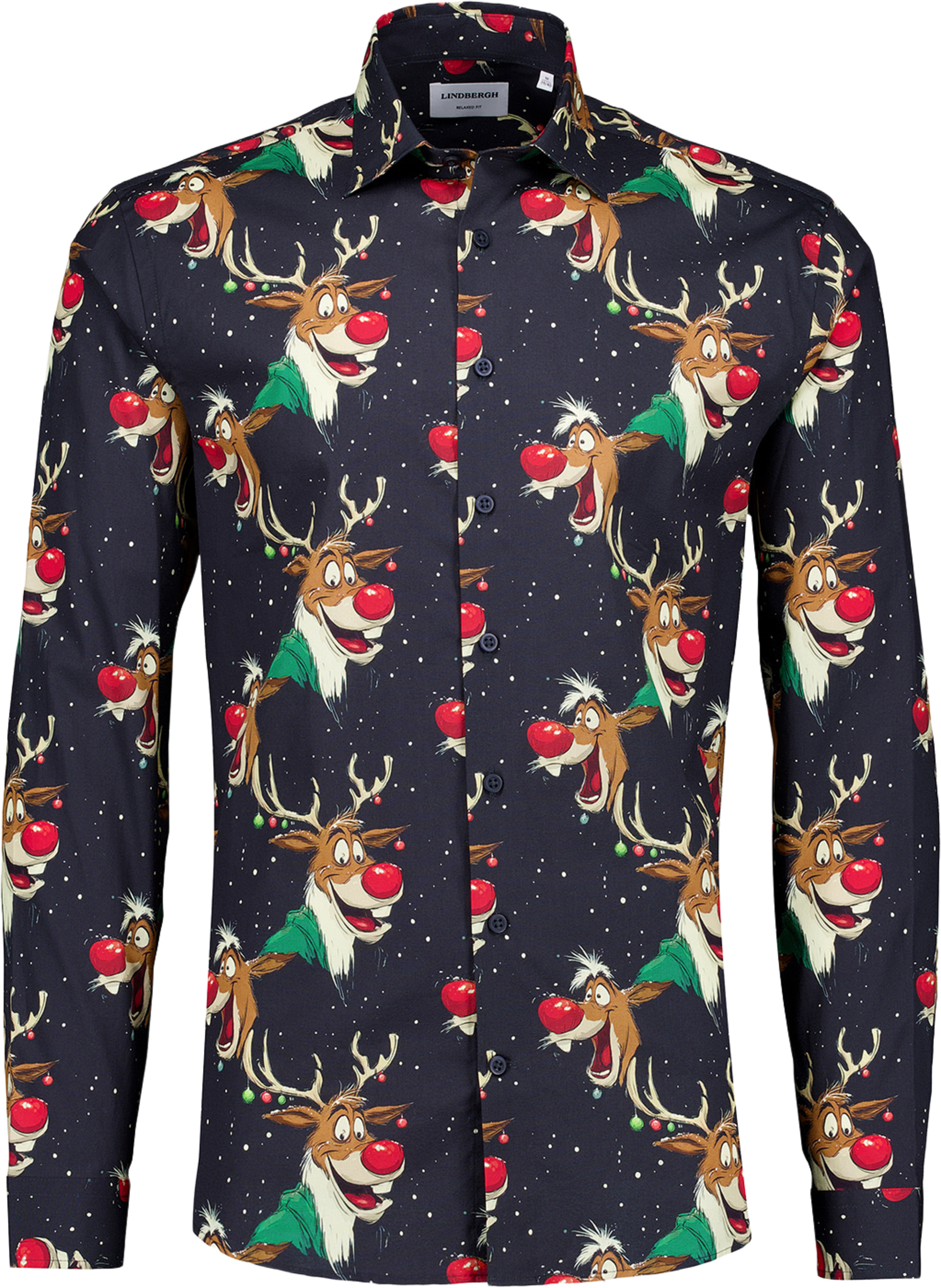 AOP Christmas Shirt L/S, från Lindbergh, i färgen Dk Blue. Klicka för att öppna bilden i stort format