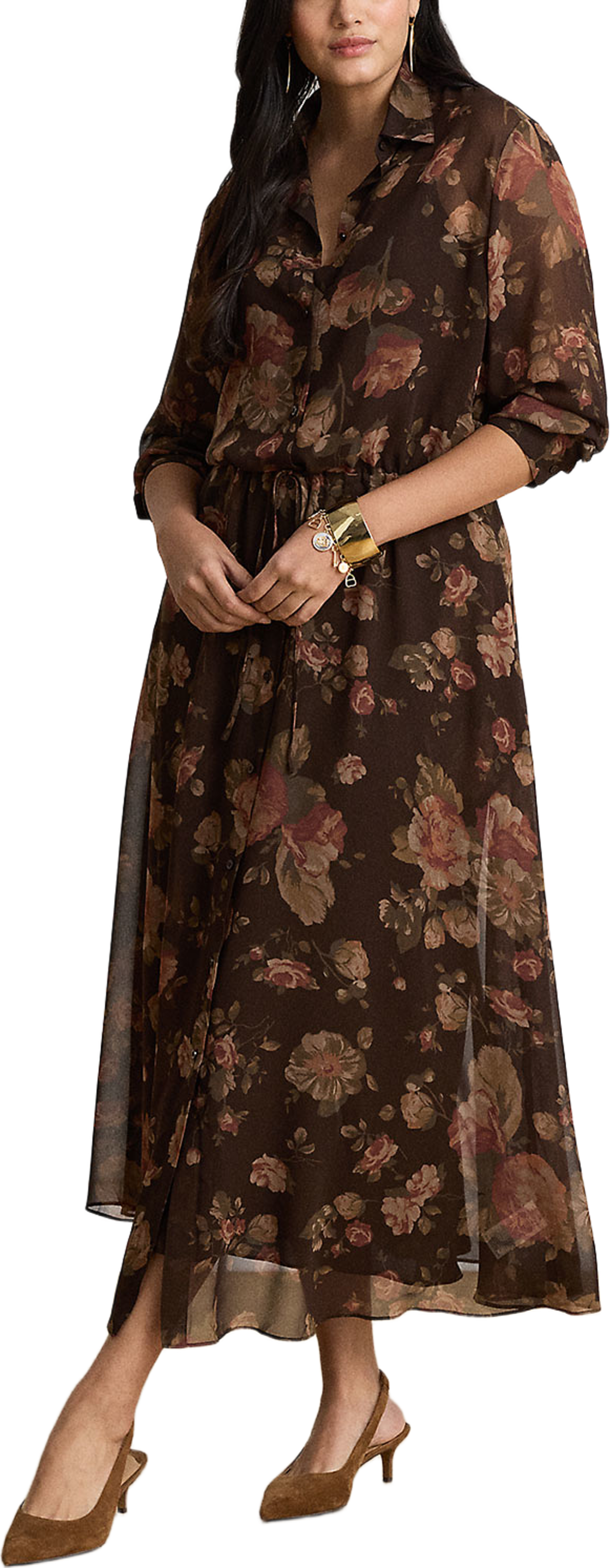 Floral Chiffon Shirtdress, från Lauren Ralph Lauren, i färgen Brown Multi. Klicka för att öppna bilden i stort format