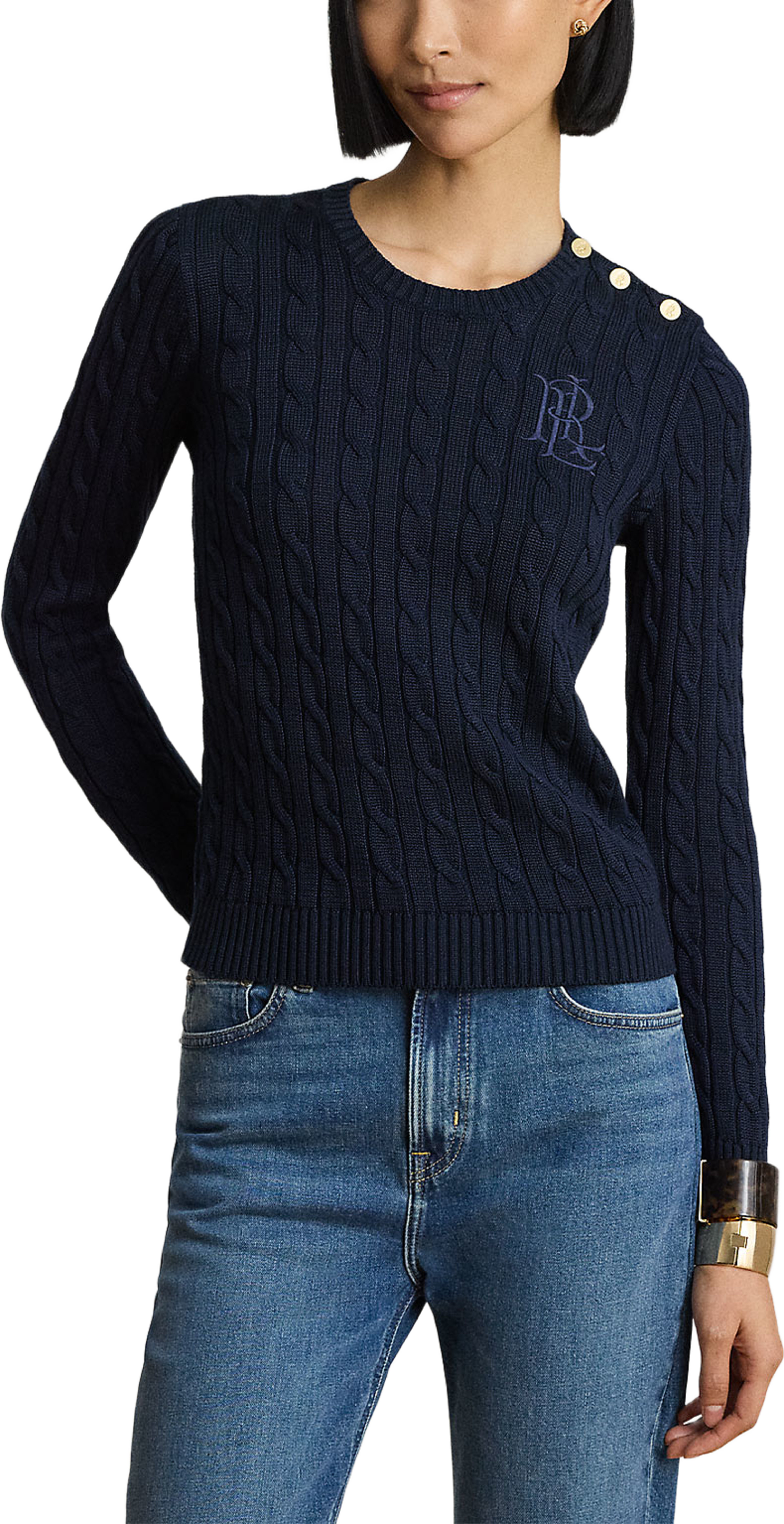 Button-Trim Cable-Knit Sweater, från Lauren Ralph Lauren, i färgen Lauren Navy. Klicka för att öppna bilden i stort format