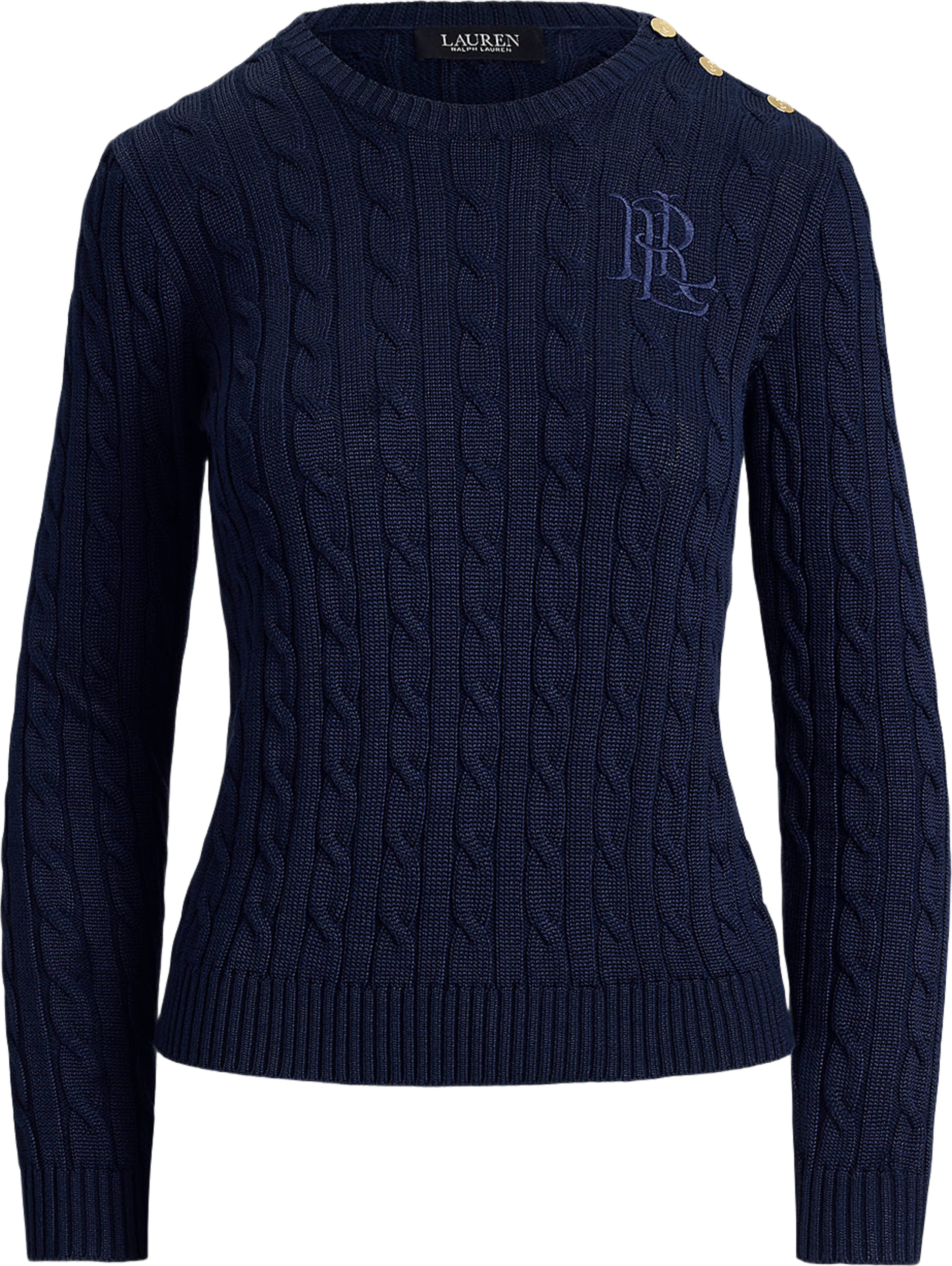 Button-Trim Cable-Knit Sweater, från Lauren Ralph Lauren, i färgen Lauren Navy. Klicka för att öppna bilden i stort format
