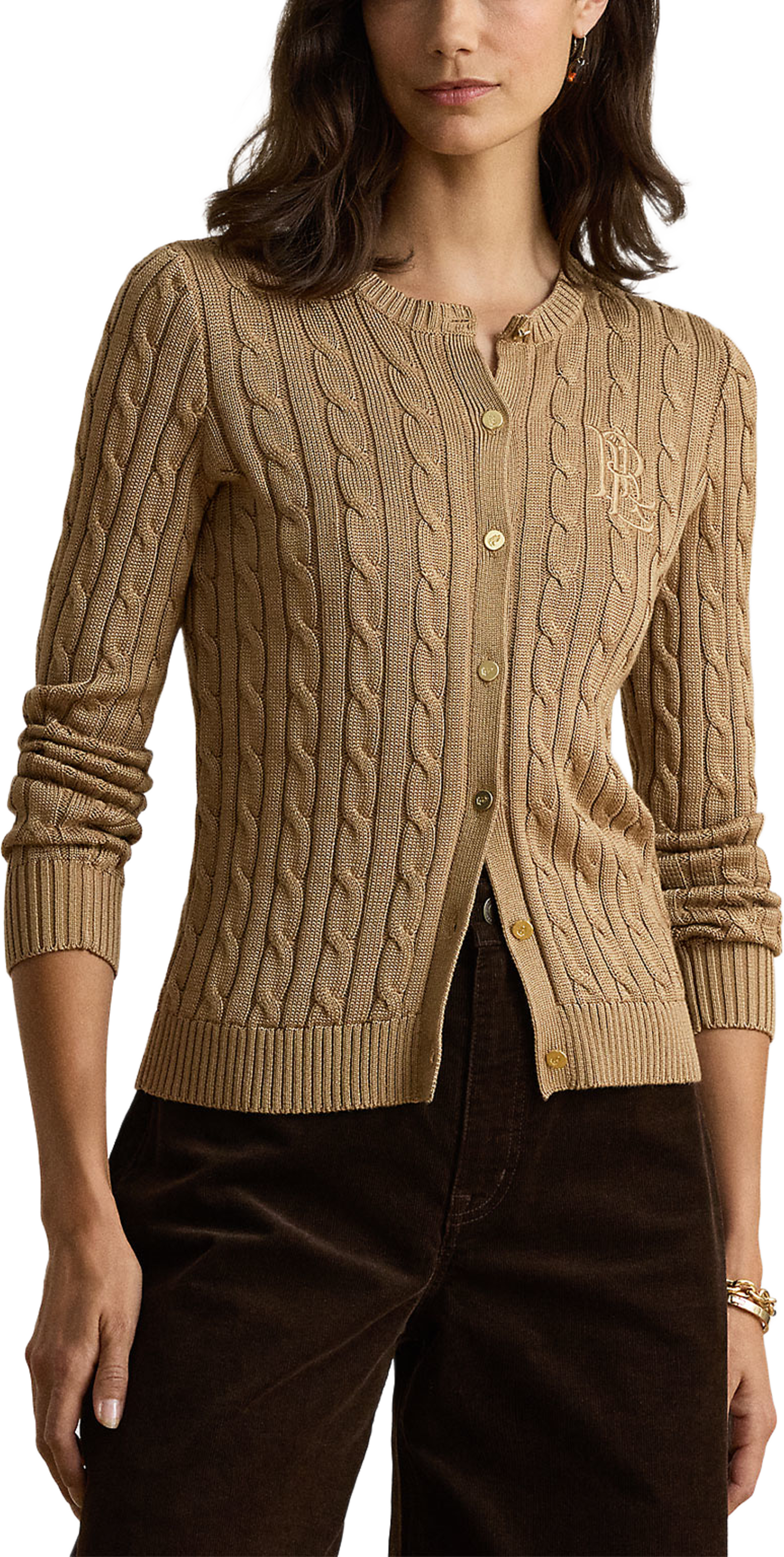 Cable-Knit Cotton-Blend Cardigan, från Lauren Ralph Lauren, i färgen Lauren Camel. Klicka för att öppna bilden i stort format