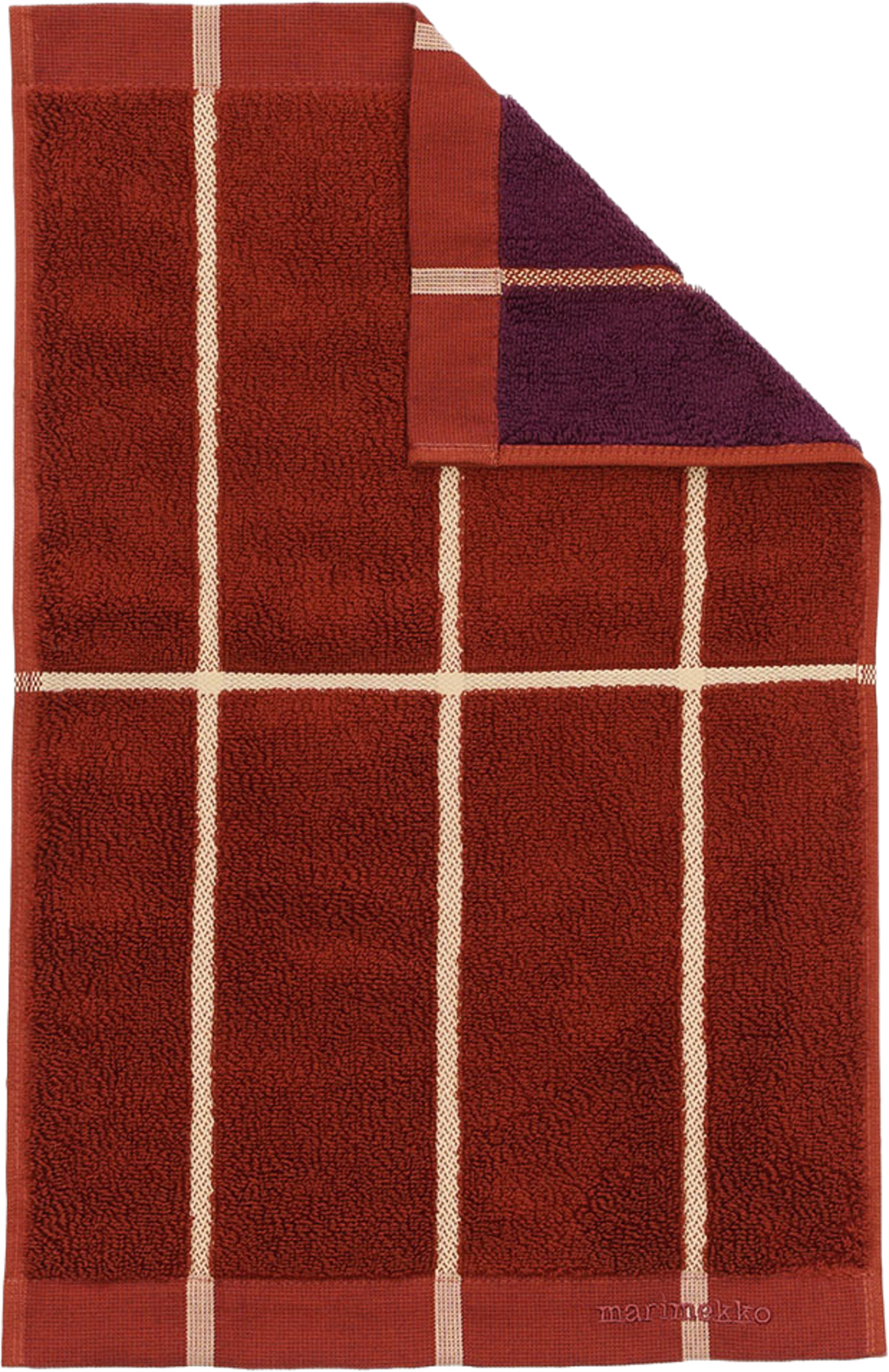 Tiiliskivi Gästhandduk 30x50 cm, från Marimekko, i färgen Brick, Plum, Hay. Klicka för att öppna bilden i stort format
