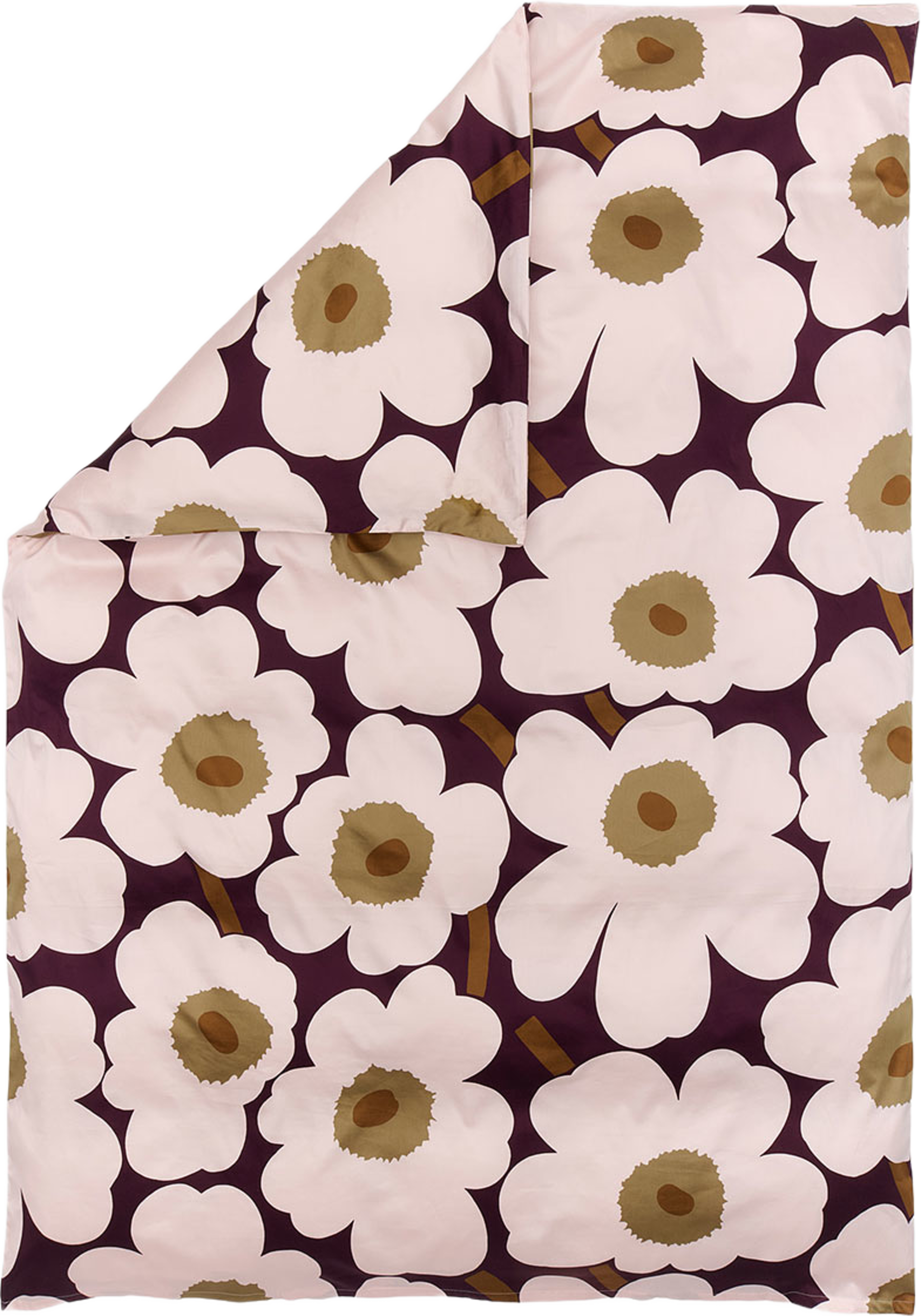 Unikko Satinpåslakan 150x210 cm, från Marimekko, i färgen Plum, Pink, Elmwood, Toffee. Klicka för att öppna bilden i stort format