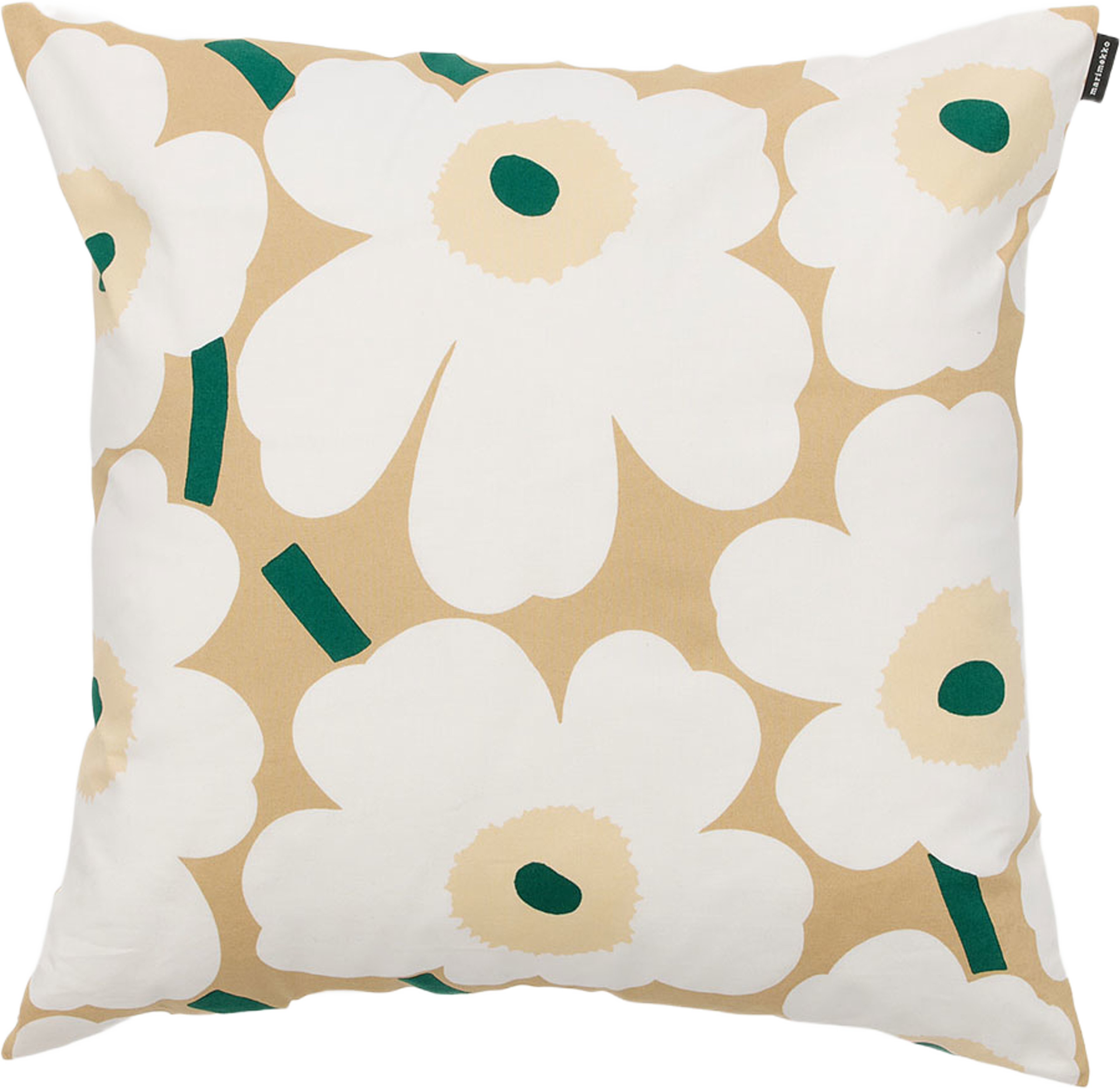 Pieni Unikko Kuddfodral 50x50 cm, från Marimekko, i färgen Sand, White, Hay, Emerald. Klicka för att öppna bilden i stort format