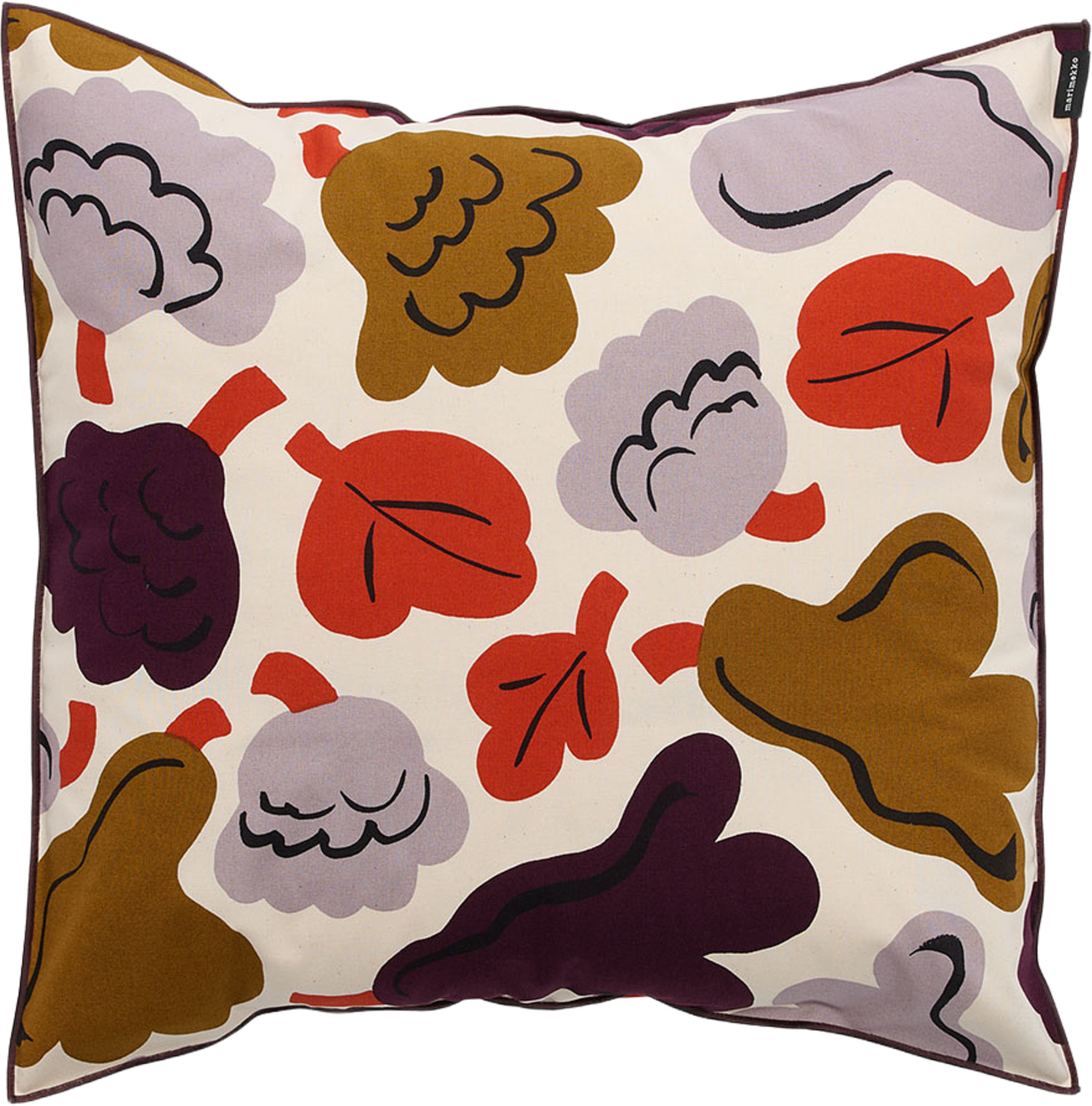 P.Kukasta Kukkaan Kuddfodral 50x50 cm, från Marimekko, i färgen Hay,plum,bronze,terracotta. Klicka för att öppna bilden i stort format