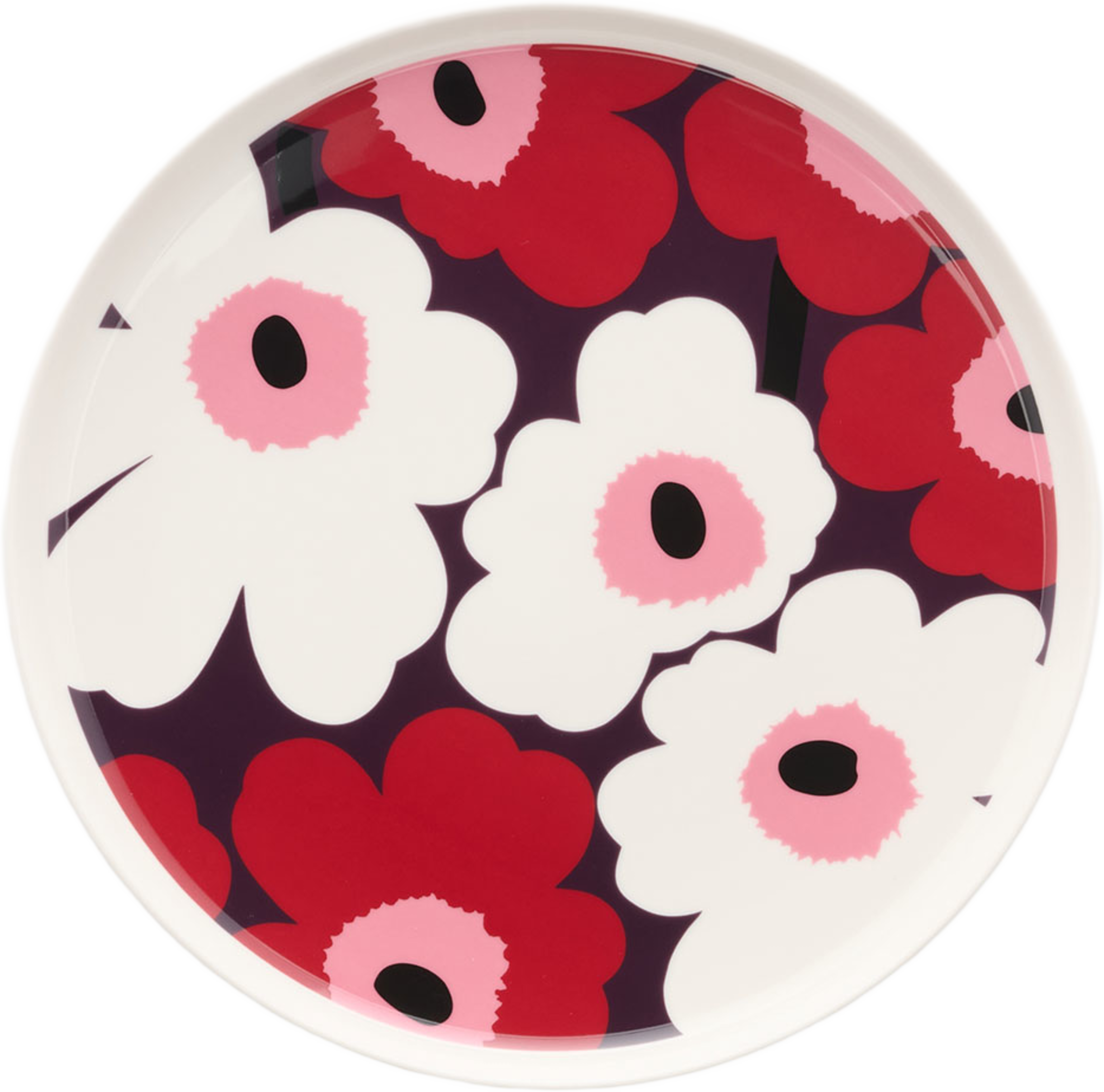 Unikko Tallrik 25 cm, från Marimekko, i färgen White, Plum, Cranberry, Pink. Klicka för att öppna bilden i stort format