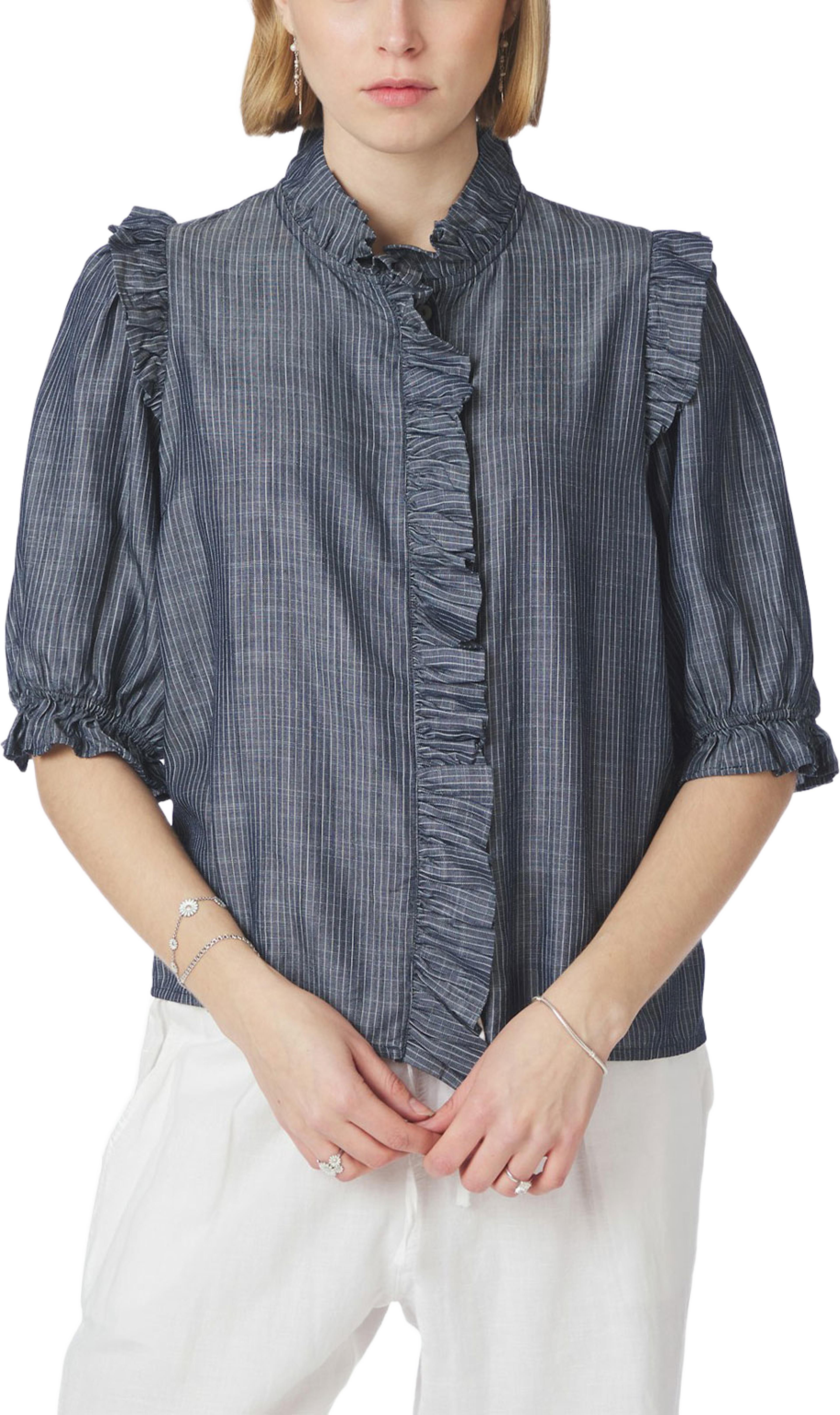 Chacha Chambray Stripe Blouse, från Neo Noir, i färgen Dark Blue. Klicka för att öppna bilden i stort format
