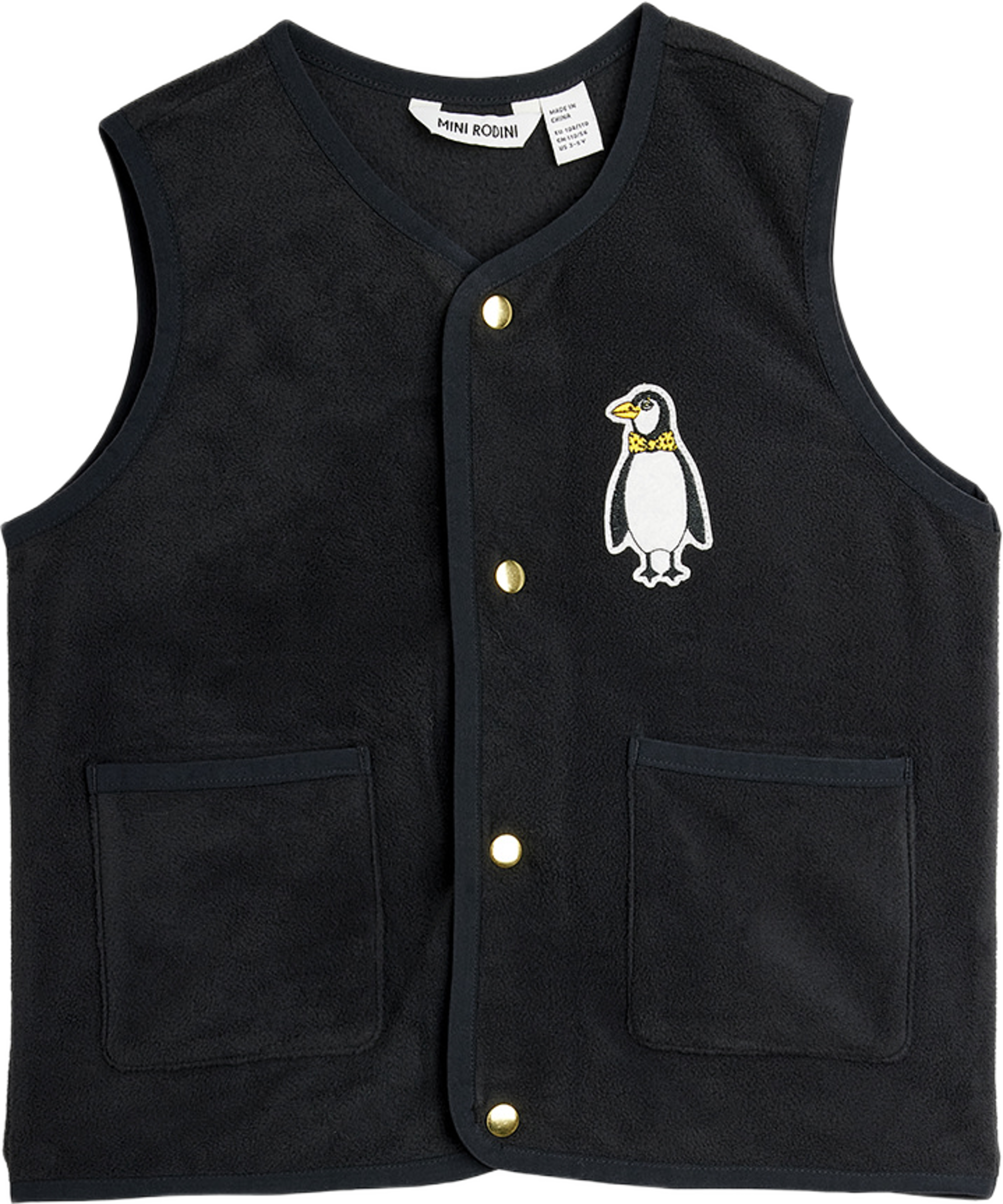Penguin patch microfleece vest, från Mini Rodini, i färgen Black. Klicka för att öppna bilden i stort format