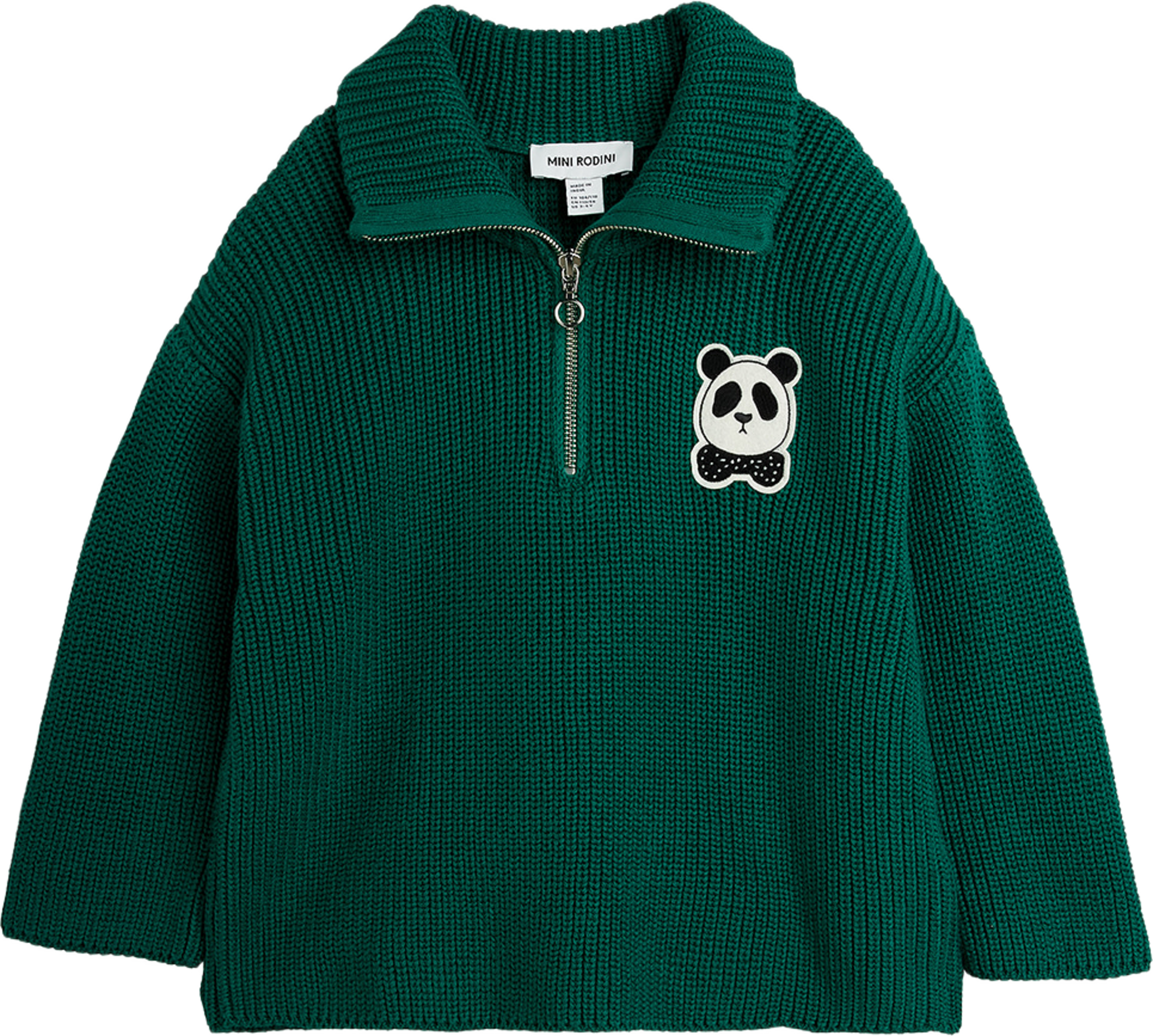 Panda patch chunky knit half zip sweater, från Mini Rodini, i färgen Green. Klicka för att öppna bilden i stort format