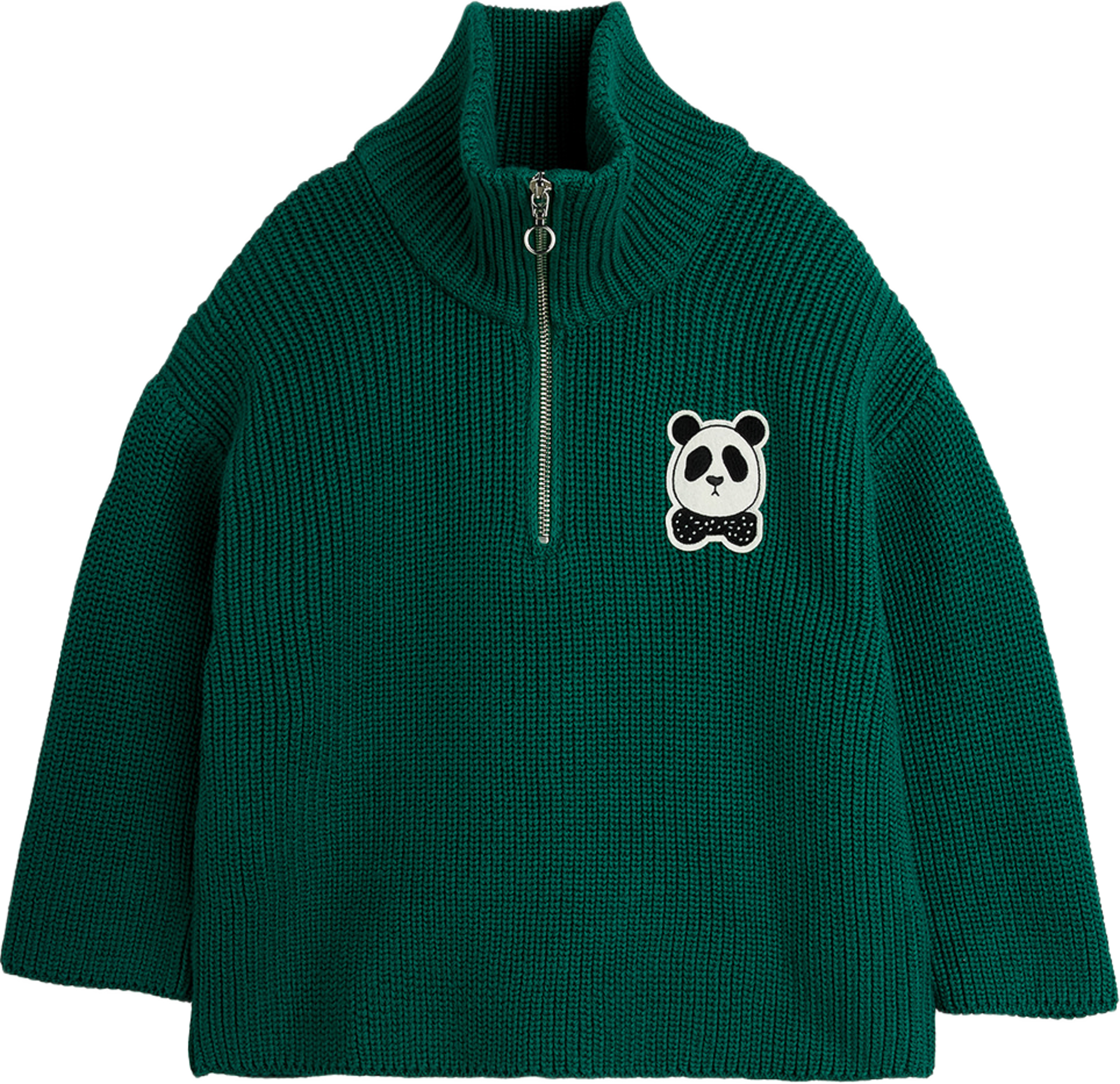 Panda patch chunky knit half zip sweater, från Mini Rodini, i färgen Green. Klicka för att öppna bilden i stort format