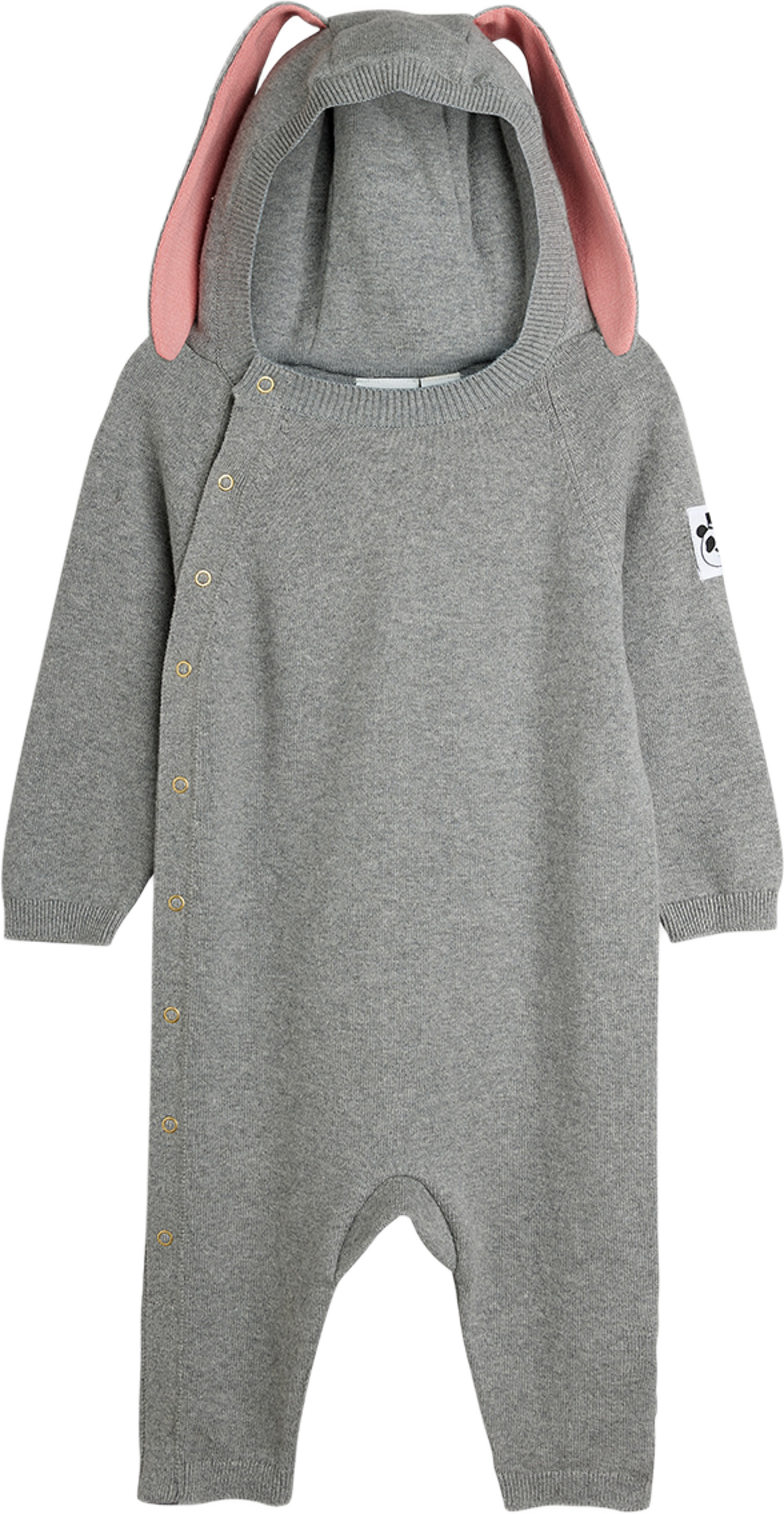 Rabbit ear fine knit baby jumpsuit, från Mini Rodini, i färgen Grey Melange. Klicka för att öppna bilden i stort format