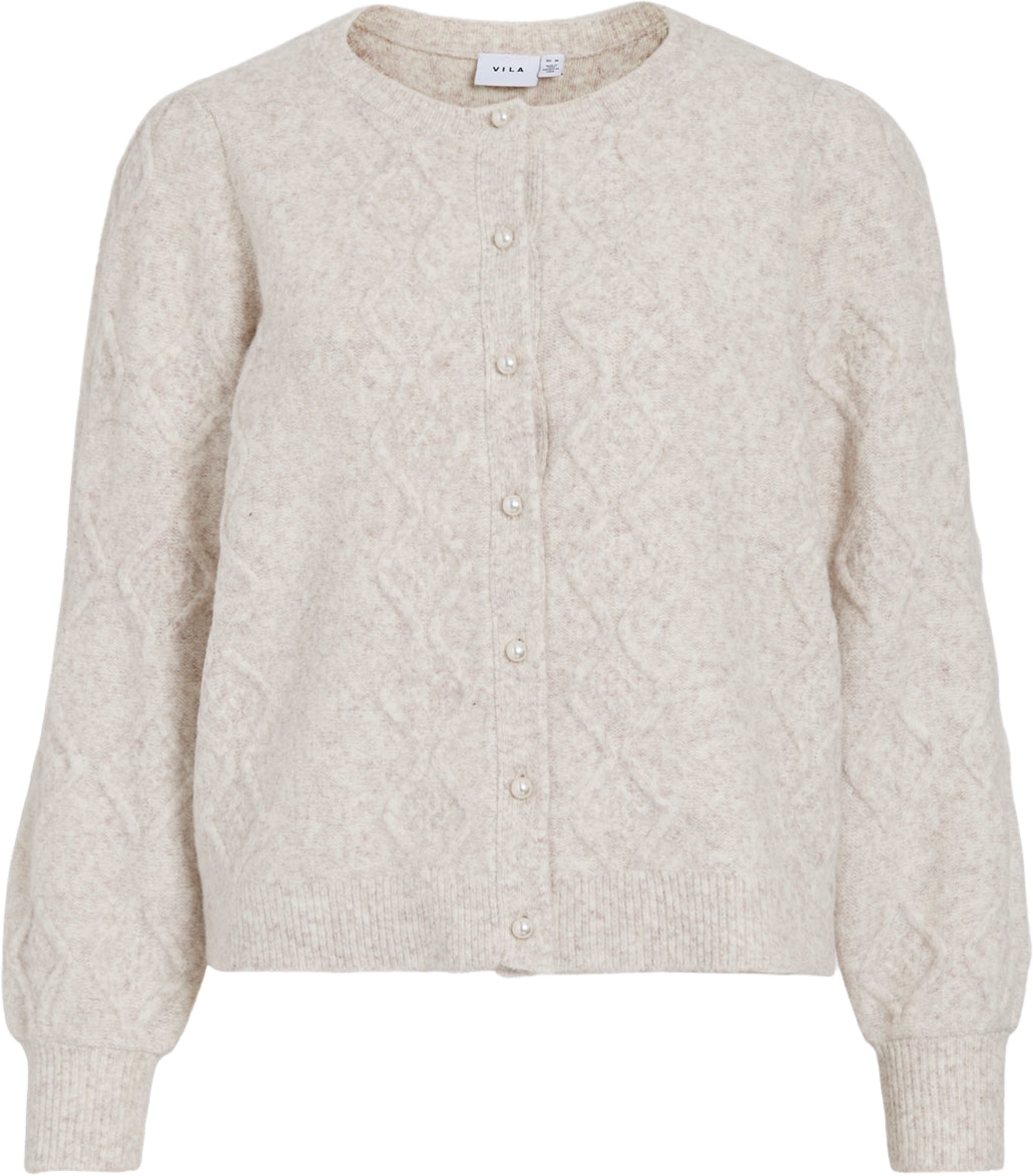 Vicleo O-Neck Cable Knit Cardigan, från Vila, i färgen Super Light Natural Melan. Klicka för att öppna bilden i stort format