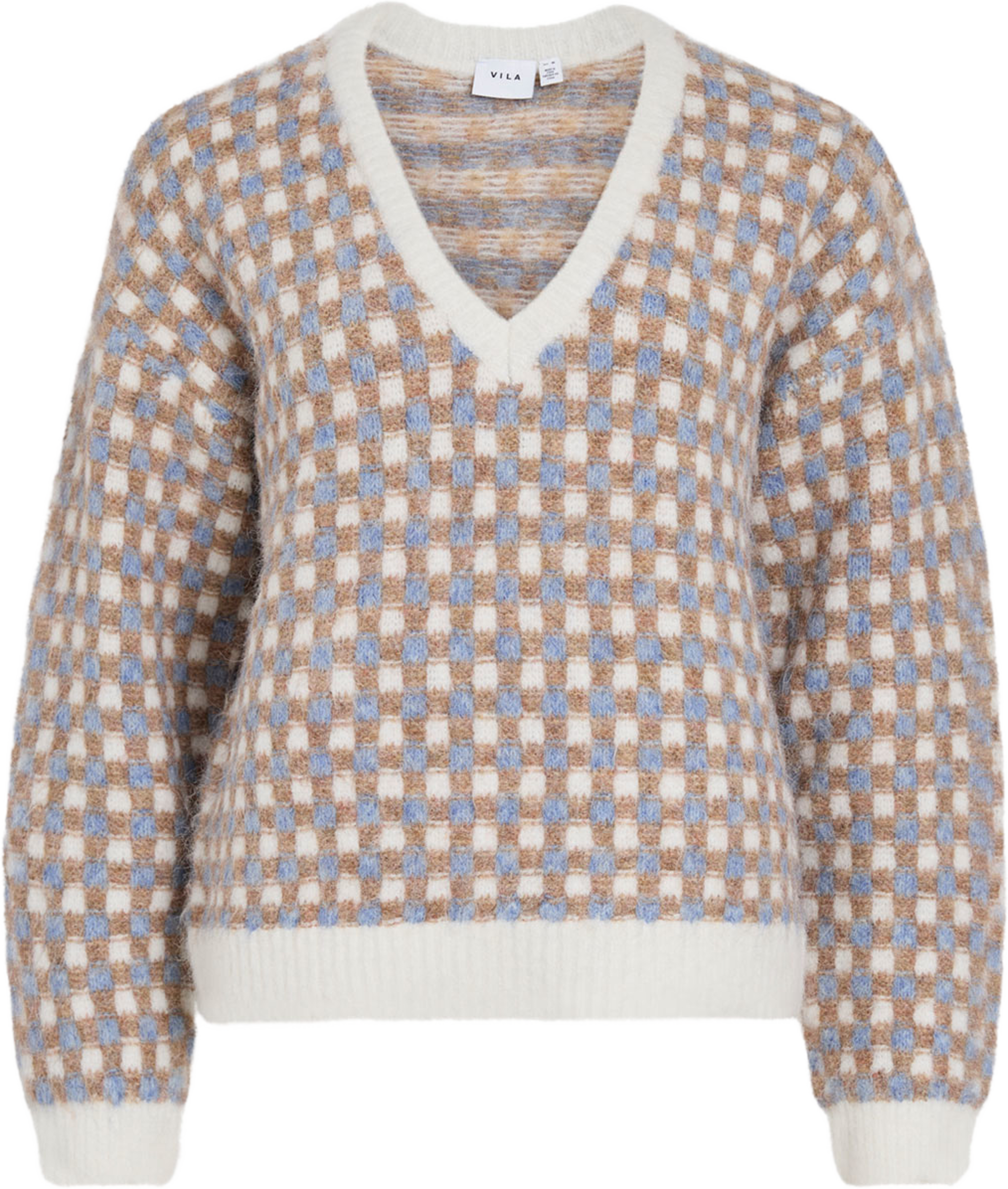Vialdis V-Neck Knit Top, från Vila, i färgen Cloud Dancer Nuthatch/Blue Shadow. Klicka för att öppna bilden i stort format