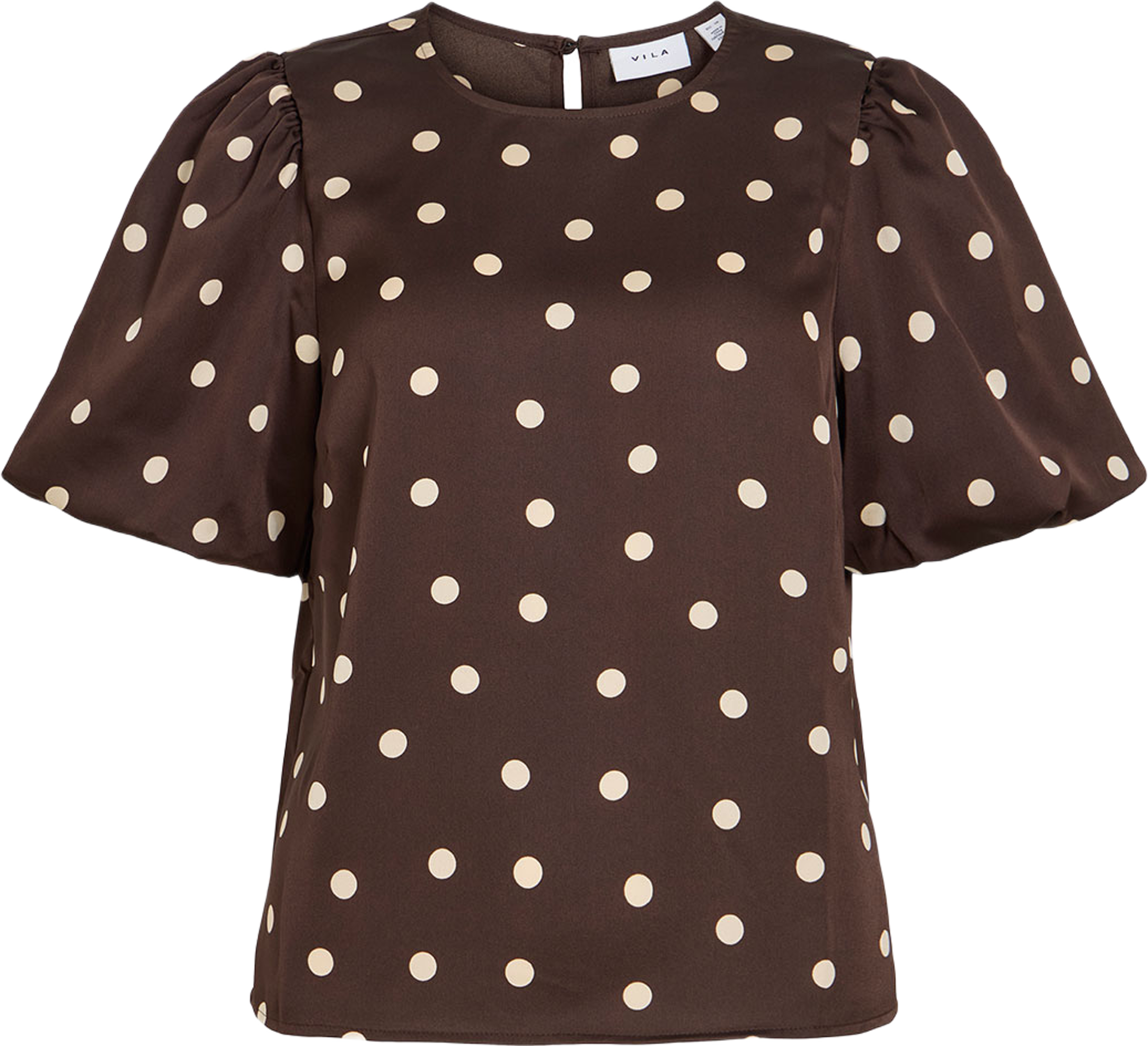 Viellette Satin Puff Topp, från Vila, i färgen Coffee Bean Sandshell Dots. Klicka för att öppna bilden i stort format