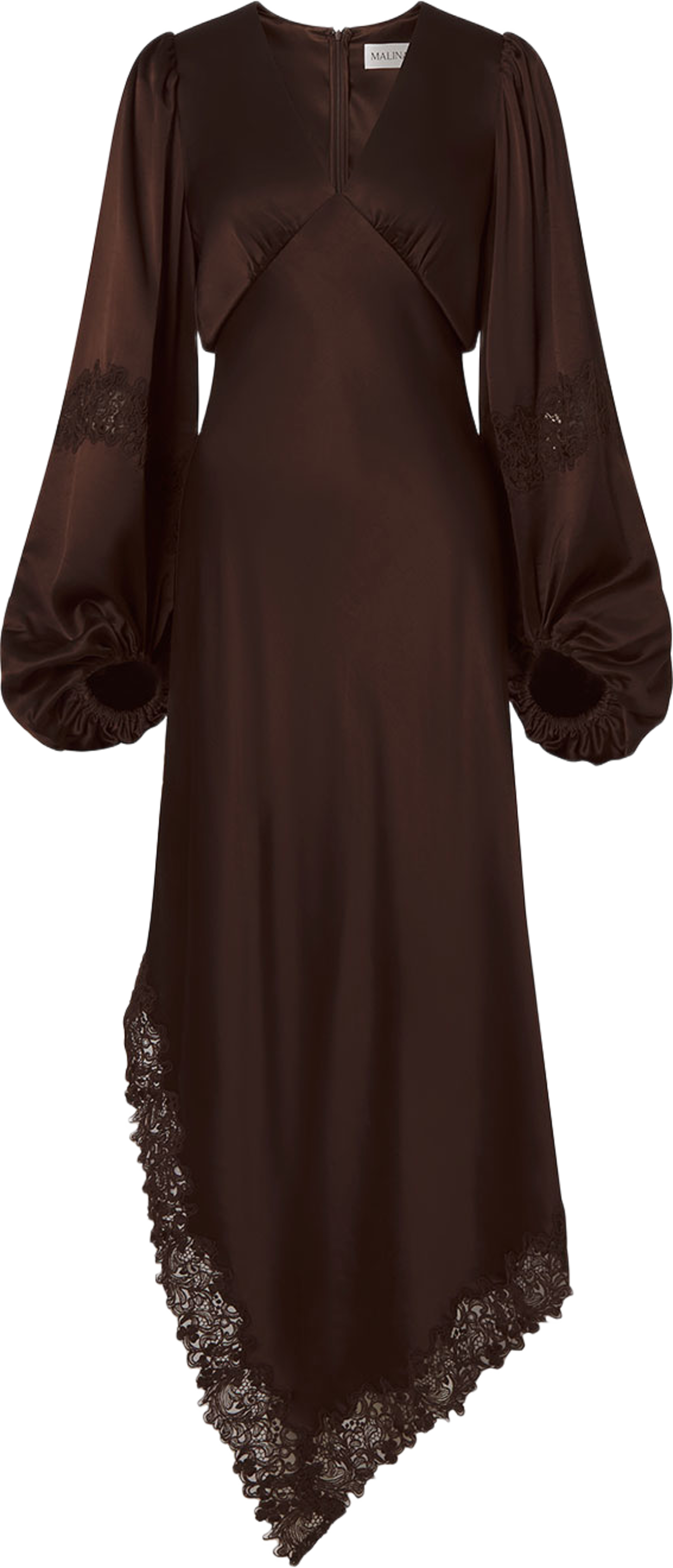 Seema Asymmetric Lace Hem Maxi Dress, från Malina, i färgen Dark Brown. Klicka för att öppna bilden i stort format