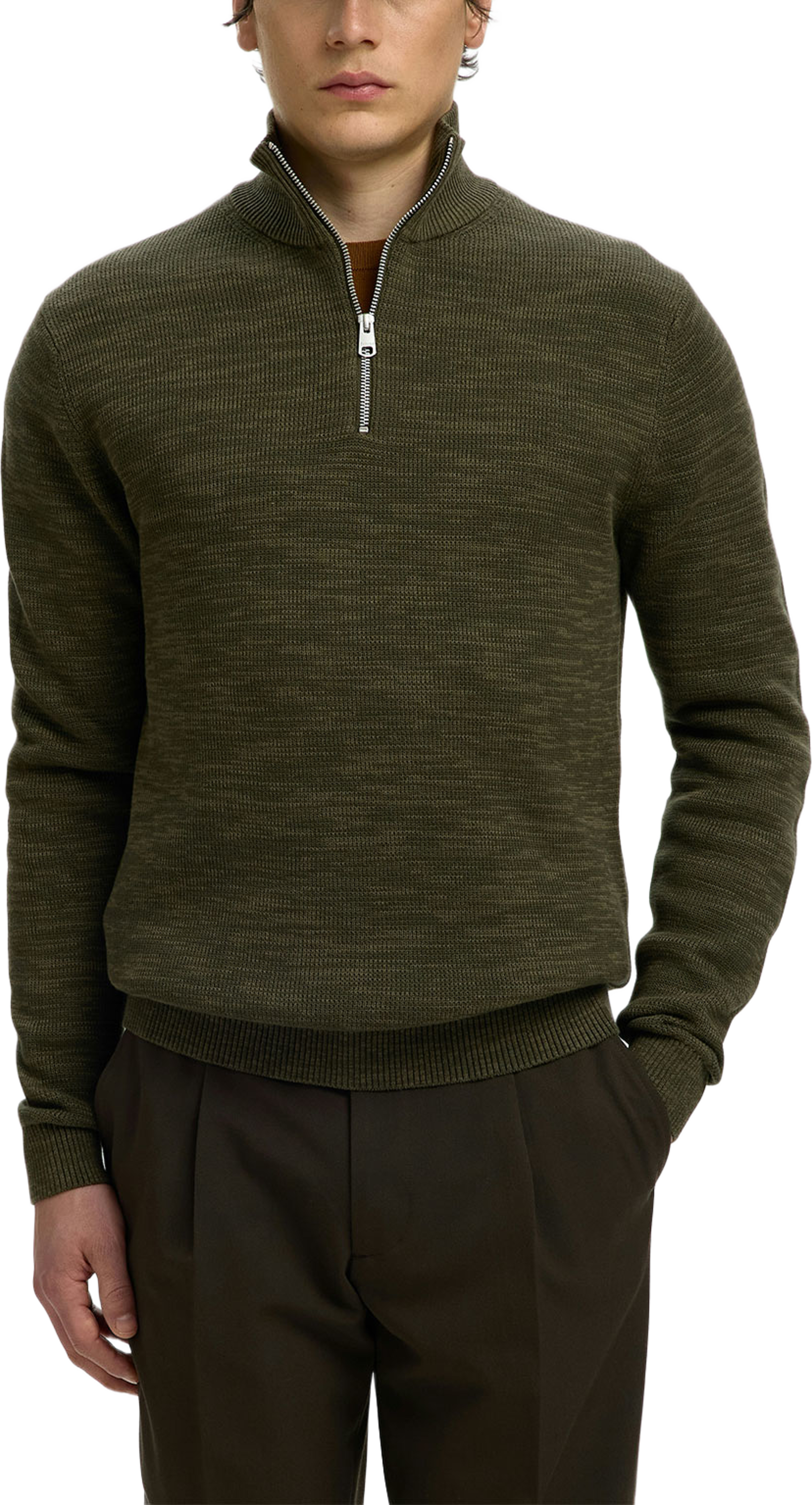Stickad Tröja Half Zip DANE, från Selected, i färgen Forest Night Kalamata Twist. Klicka för att öppna bilden i stort format