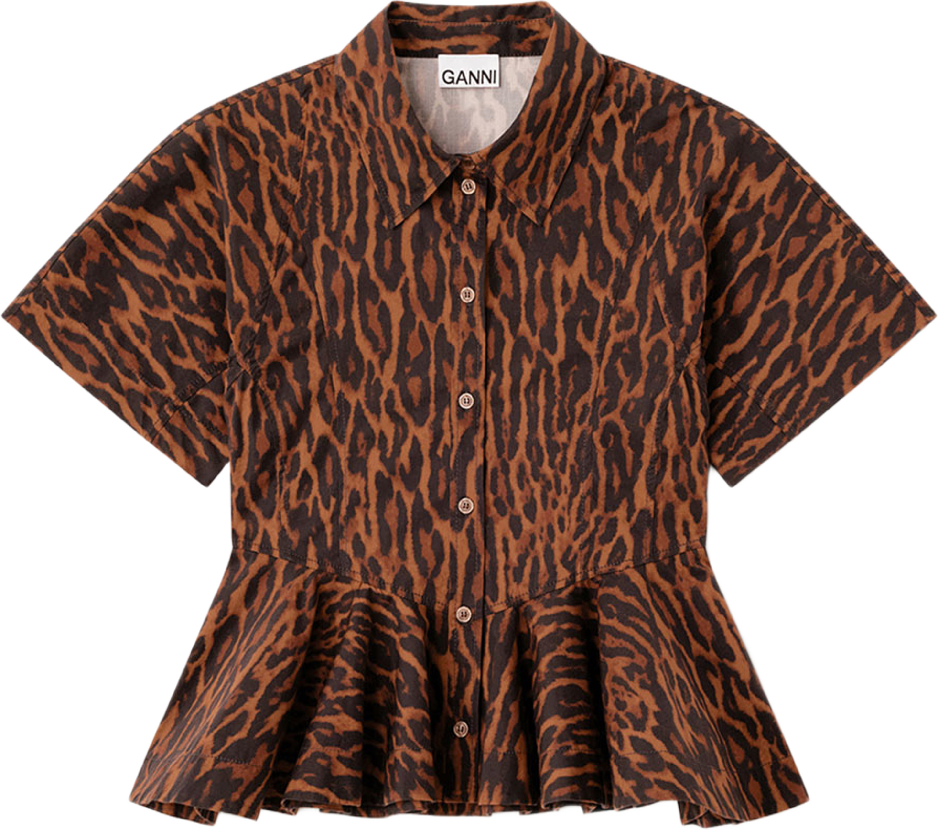 Printed Stretch Cotton Peplum Shirt, från GANNI, i färgen Rawhide. Klicka för att öppna bilden i stort format