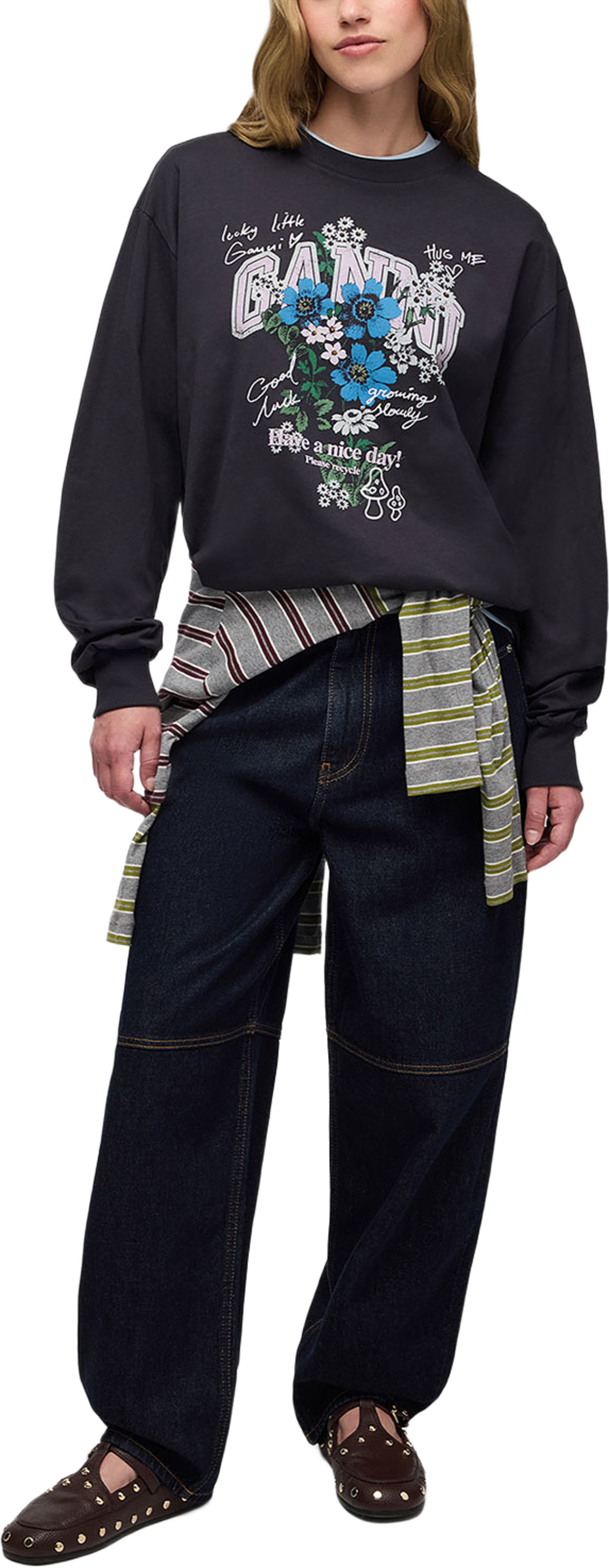 Basic Cotton Jersey Longsleeve Flower Print, från GANNI, i färgen Phantom. Klicka för att öppna bilden i stort format