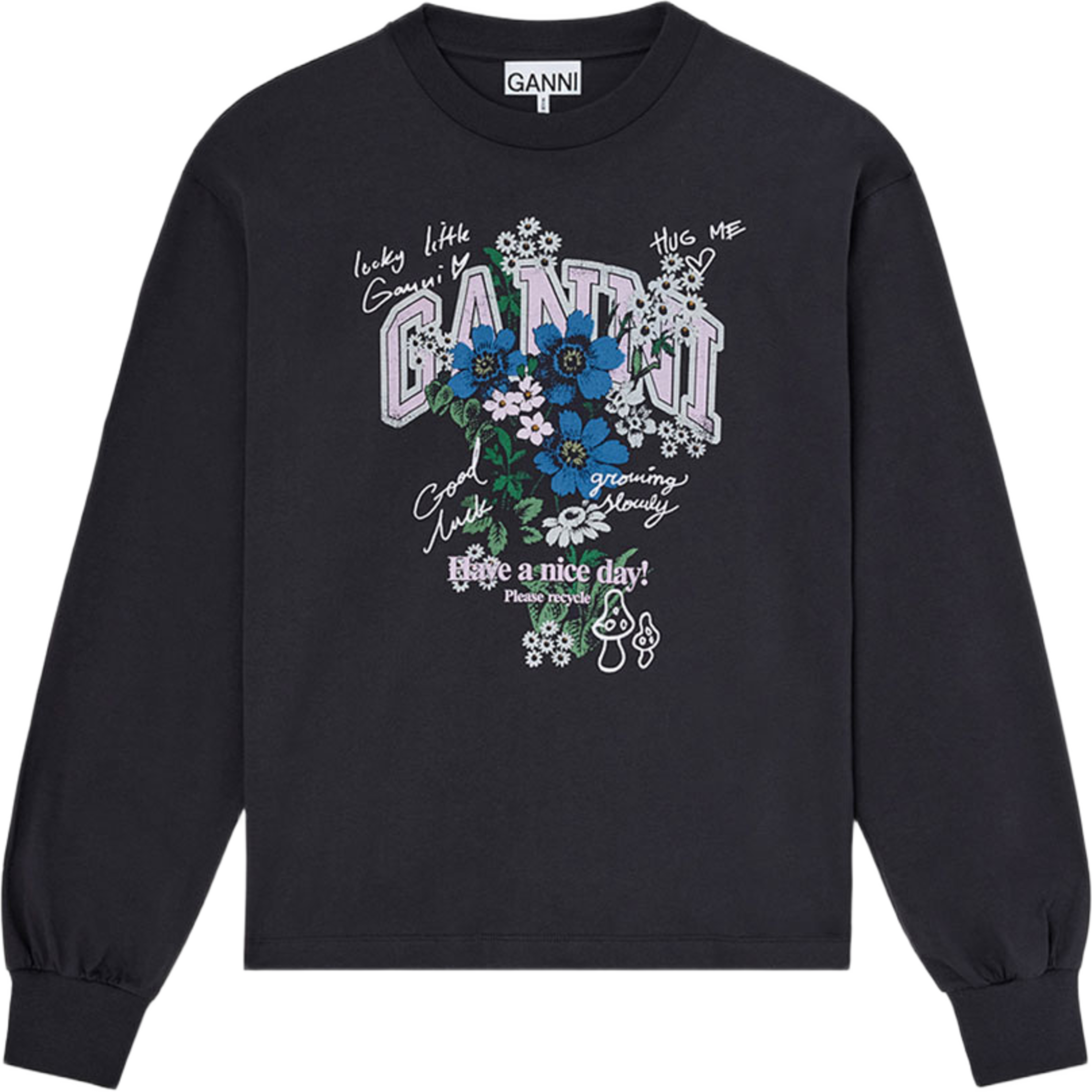 Basic Cotton Jersey Longsleeve Flower Print, från GANNI, i färgen Phantom. Klicka för att öppna bilden i stort format