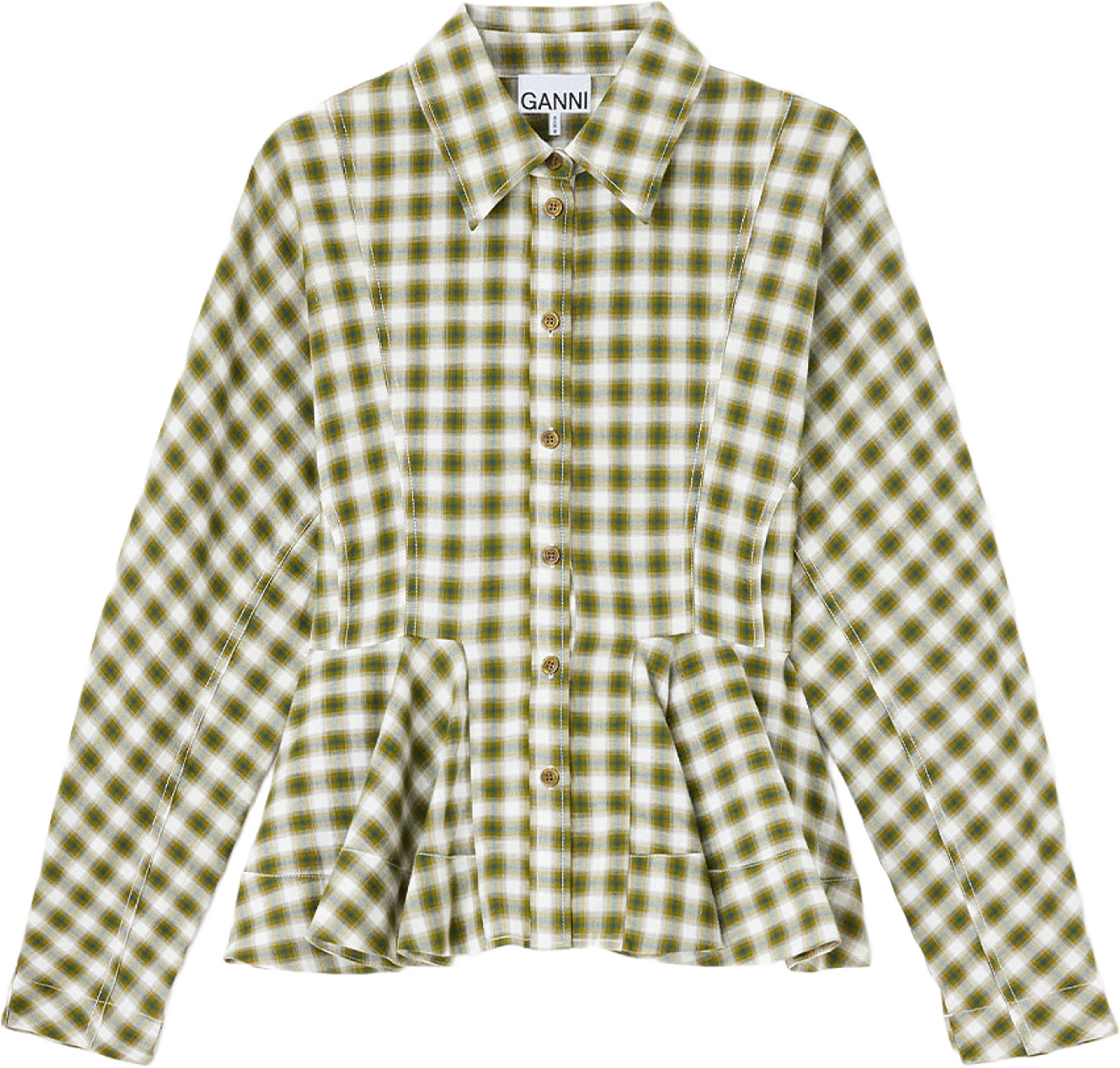 Light Check Flannel Peplum Shirt, från GANNI, i färgen Oyster Gray. Klicka för att öppna bilden i stort format