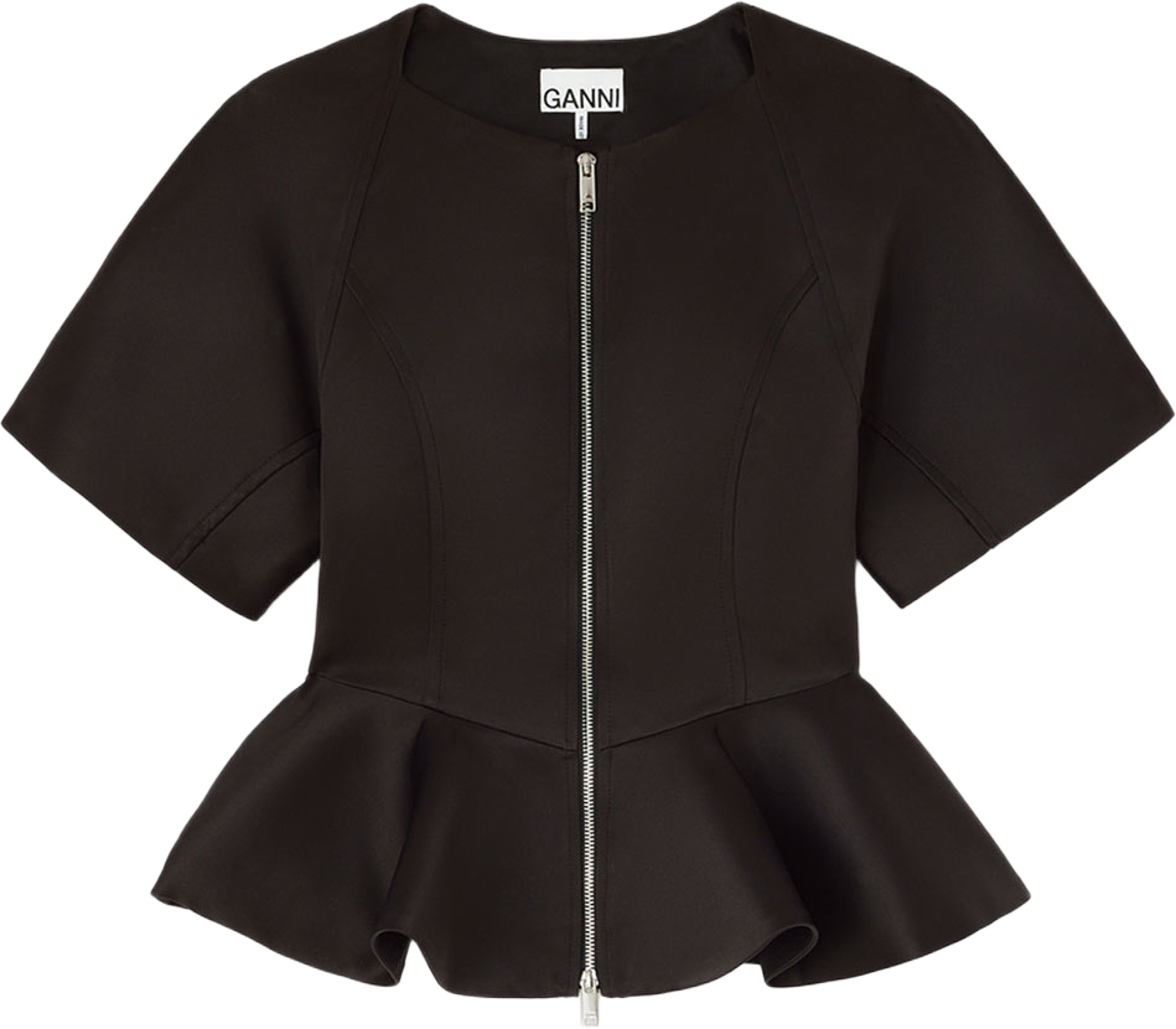 Duchesse Satin Peplum Zip Blouse, från GANNI, i färgen Black. Klicka för att öppna bilden i stort format