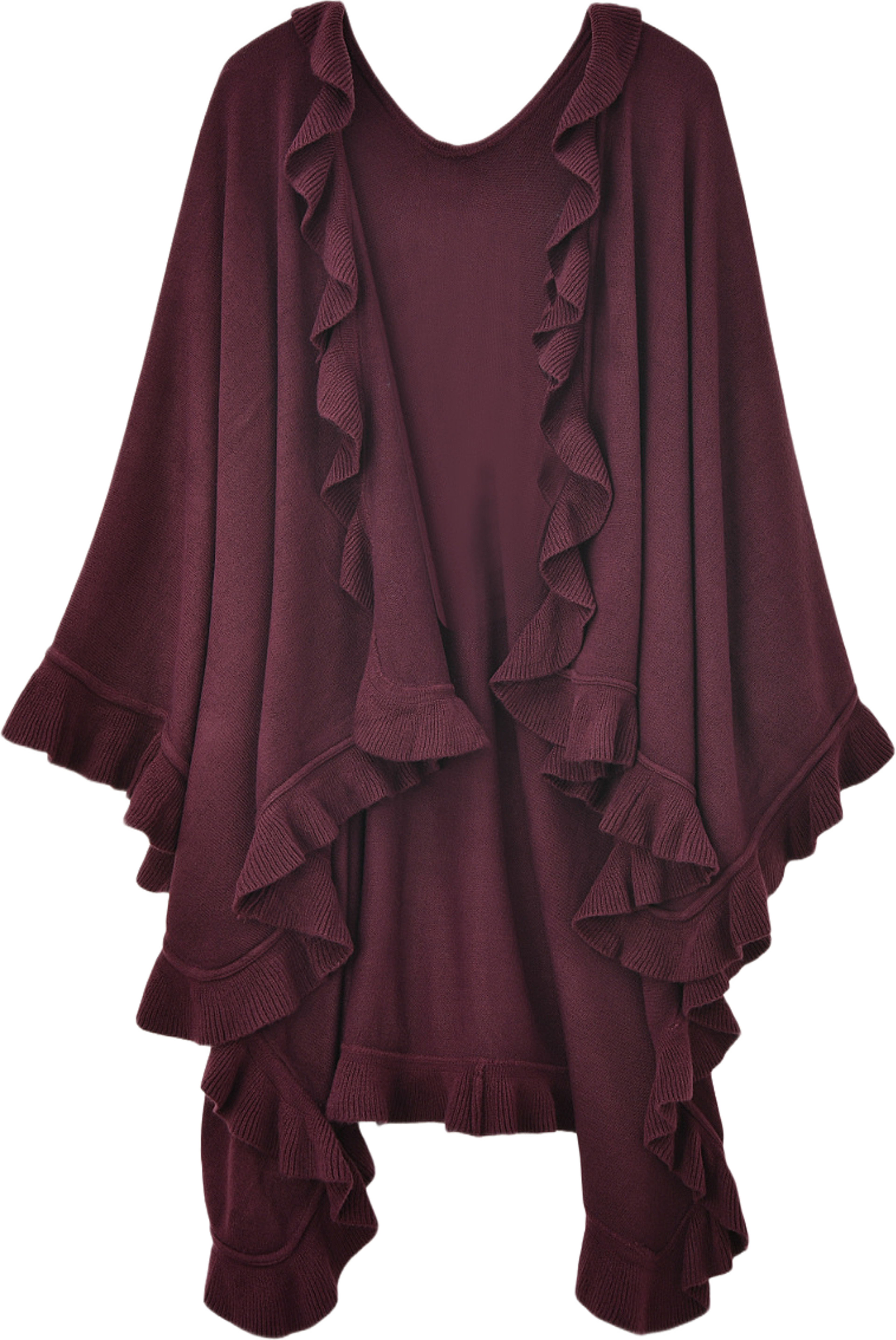 Poncho med volanger SILJA, från Å WOMAN, i färgen Wine Red. Klicka för att öppna bilden i stort format
