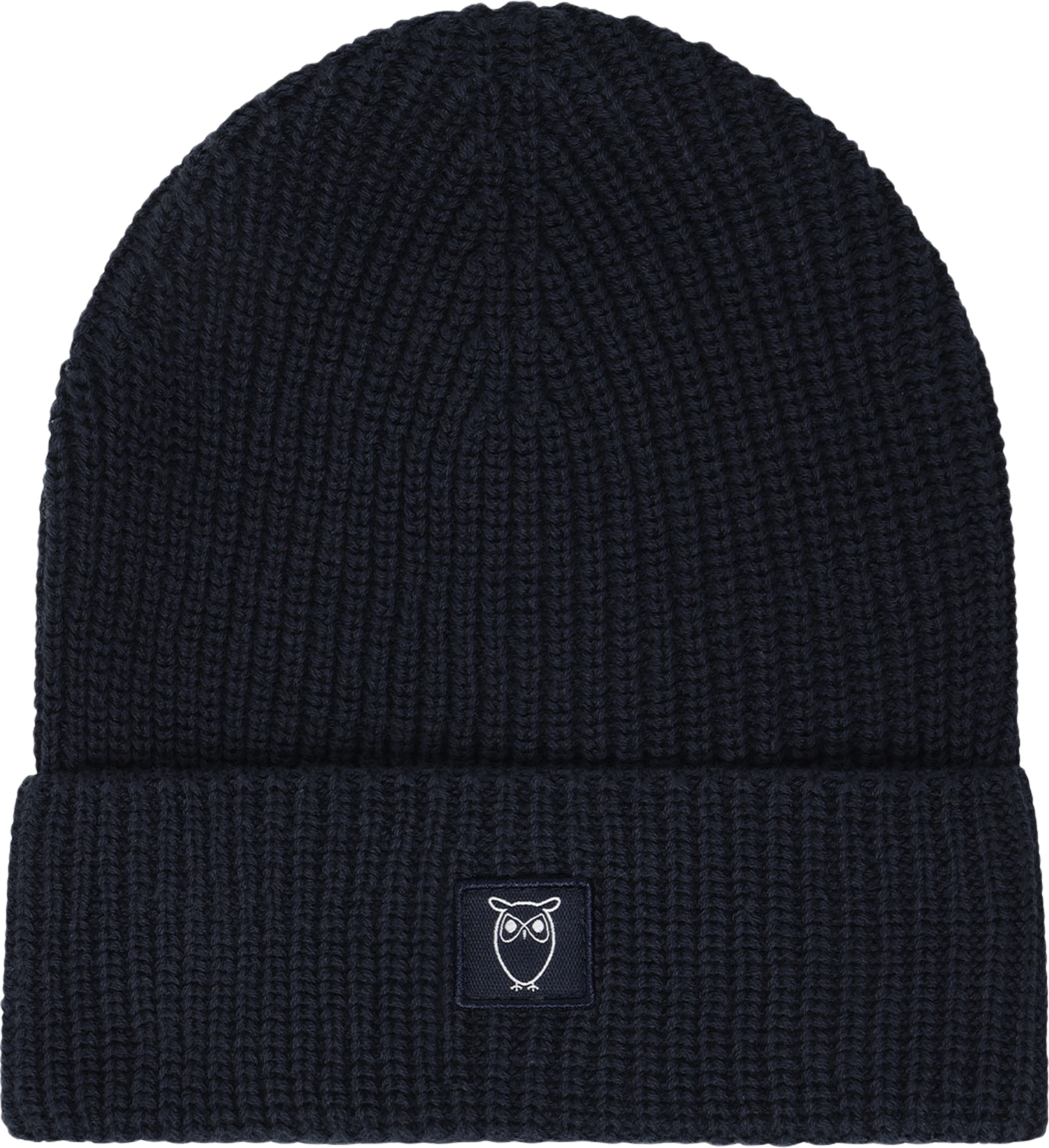 Rib badge beanie, från Knowledge Cotton Apparel, i färgen Total Eclipse. Klicka för att öppna bilden i stort format