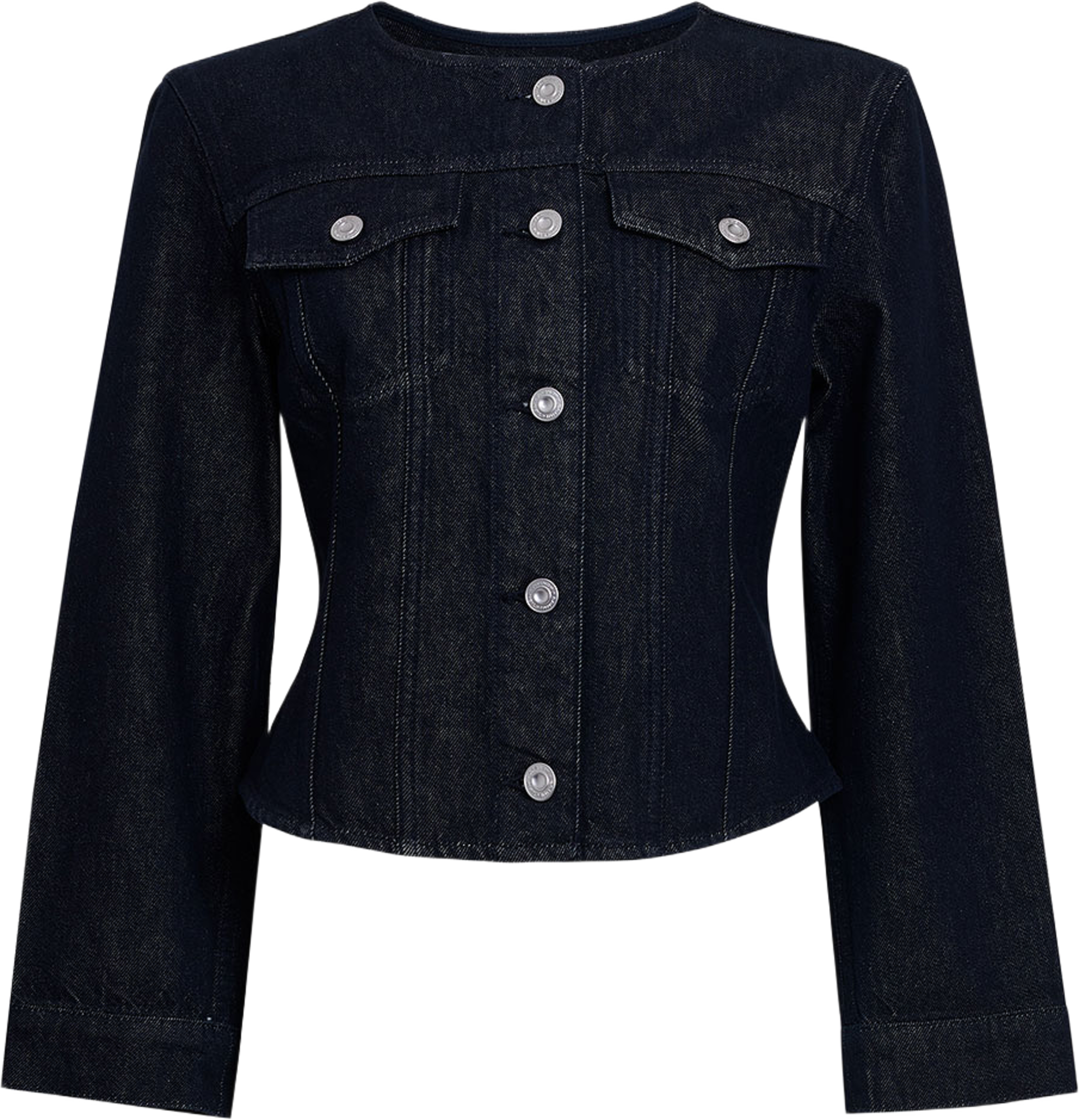 Collarless Fitted Dark Wash Denim Jacket, från French Connection, i färgen Raw Indigo. Klicka för att öppna bilden i stort format
