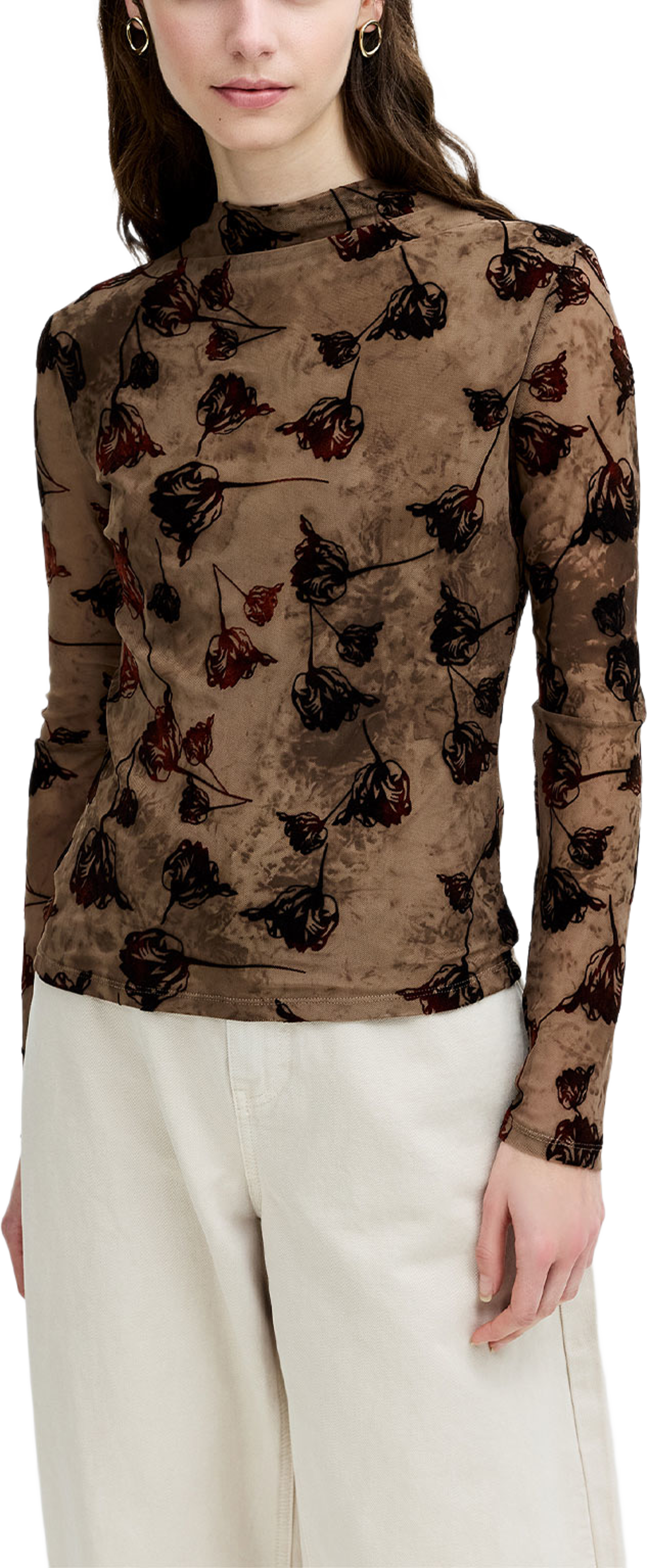 Tia Floral Velvet Devore Mesh Top, från French Connection, i färgen Chocolate Brown. Klicka för att öppna bilden i stort format