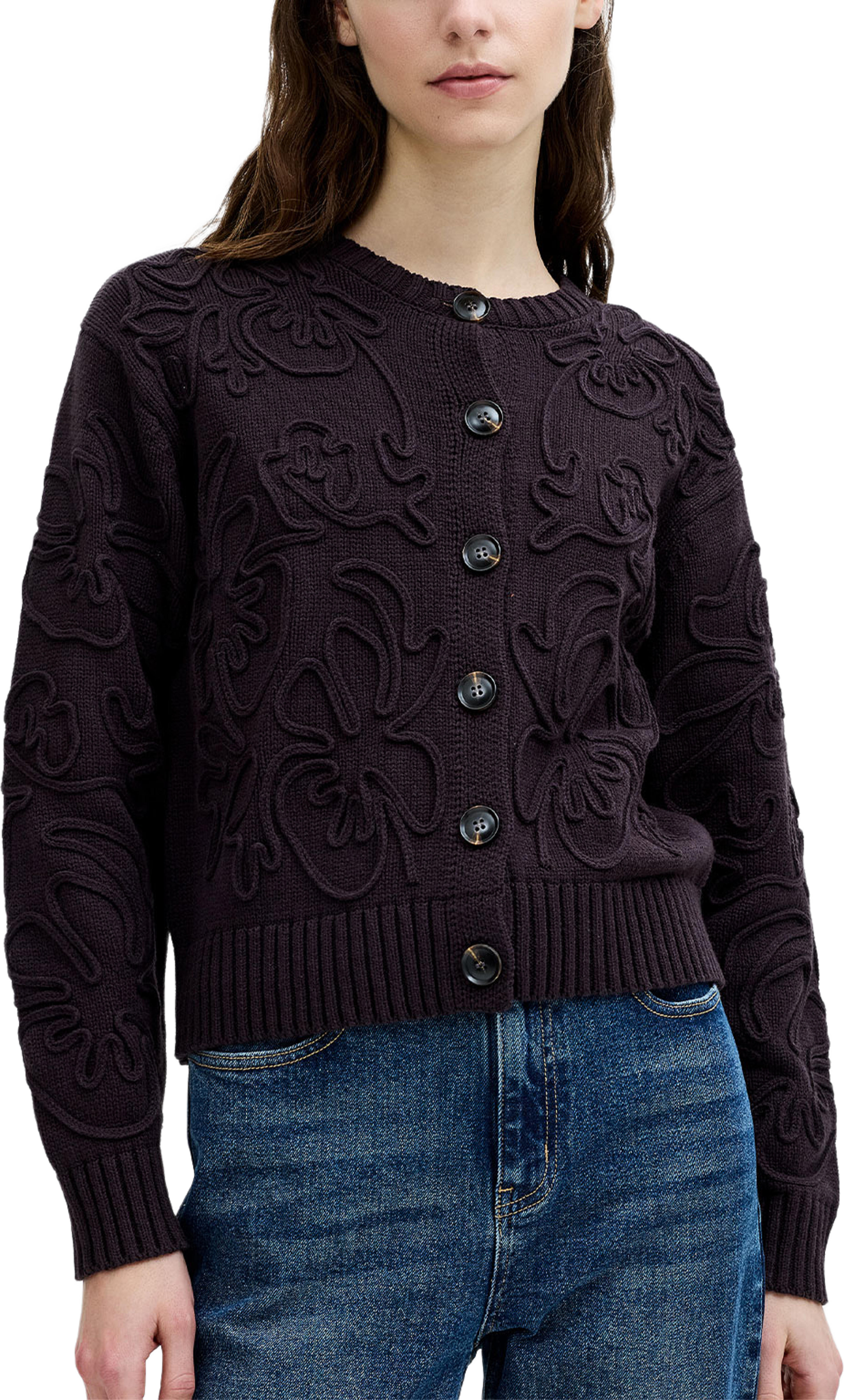 Varli 3D Floral Knit Cardigan, från French Connection, i färgen Mocha Brown. Klicka för att öppna bilden i stort format