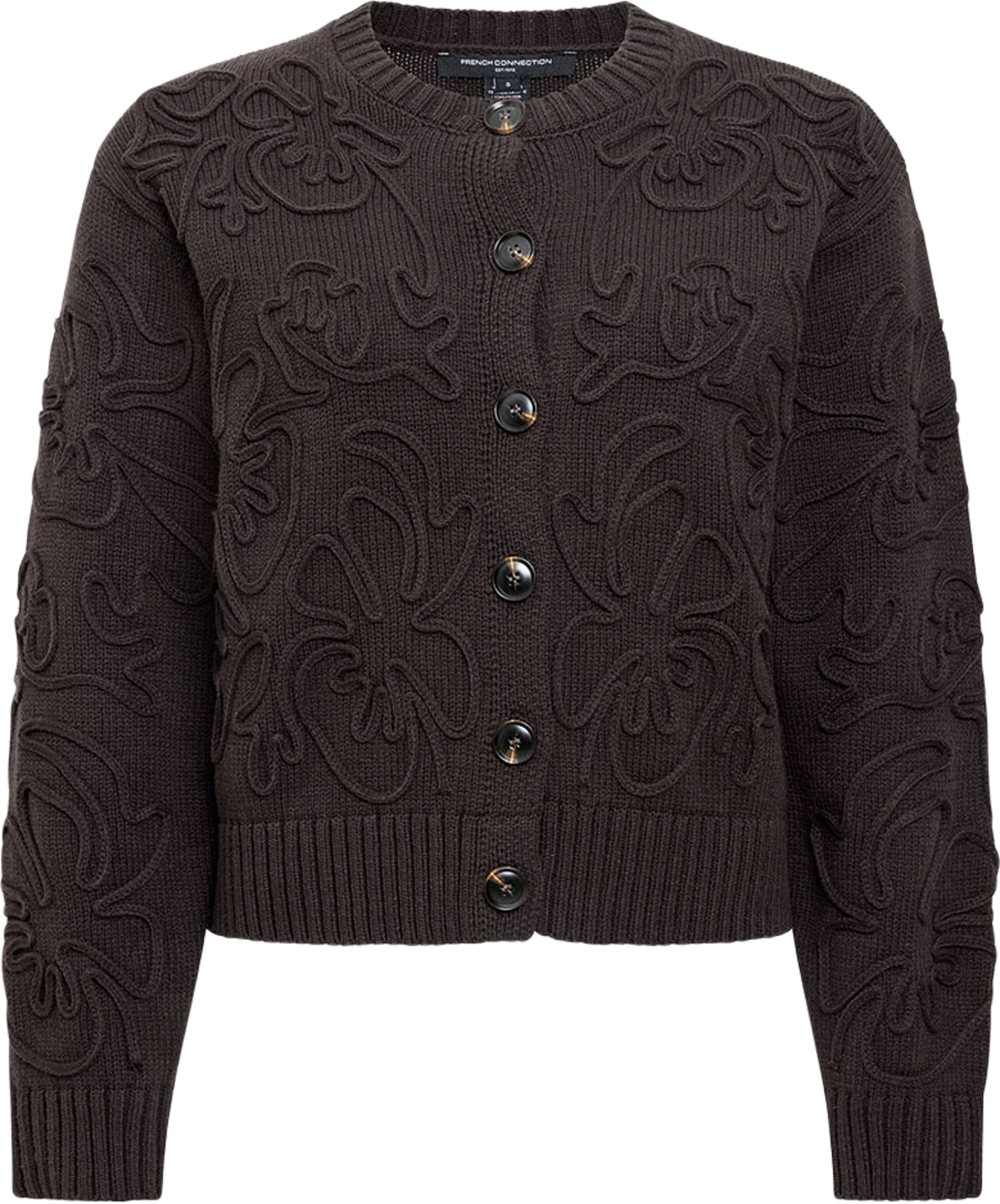 Varli 3D Floral Knit Cardigan, från French Connection, i färgen Mocha Brown. Klicka för att öppna bilden i stort format