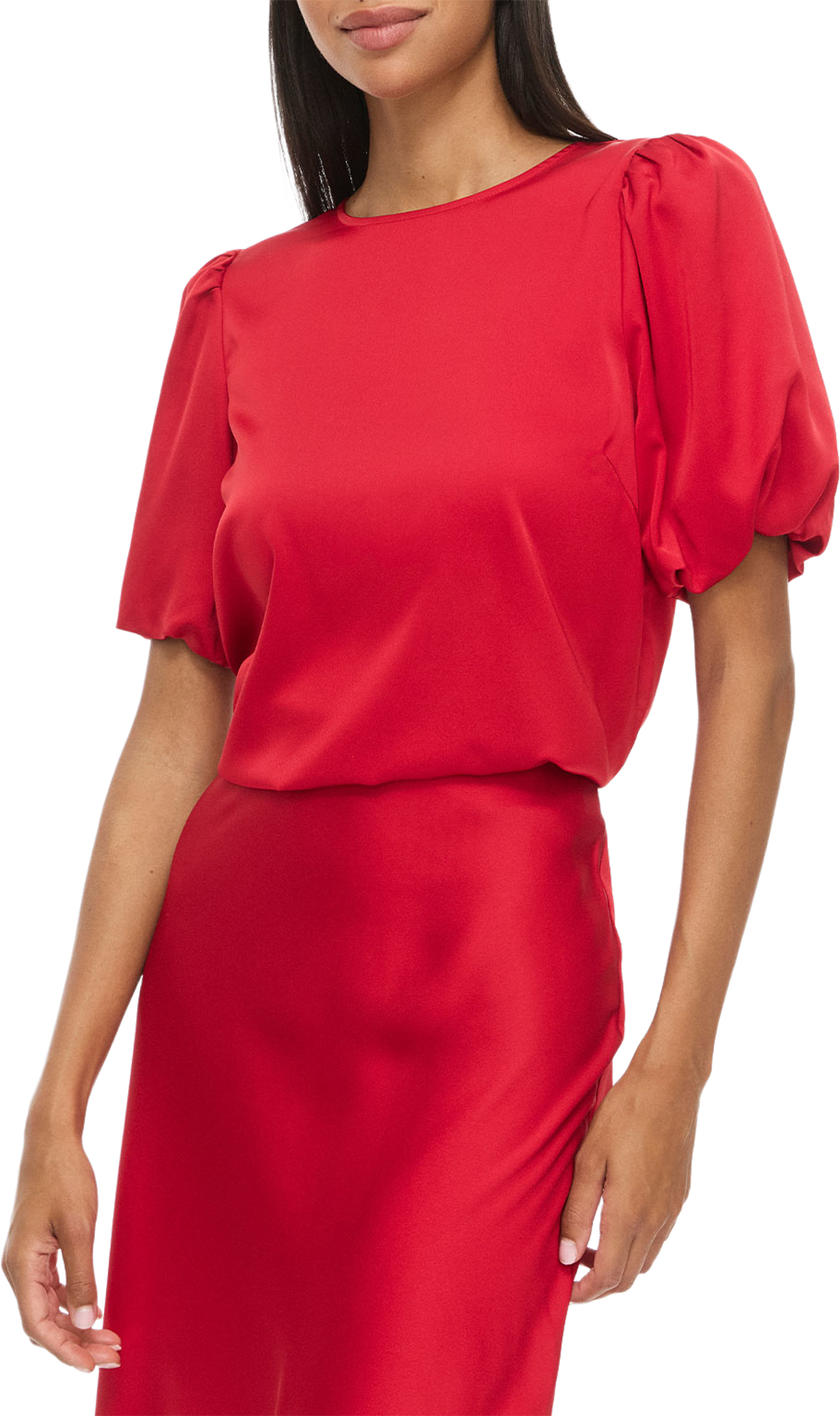 Viellette Satin Puff Topp, från Vila, i färgen Savvy Red. Klicka för att öppna bilden i stort format