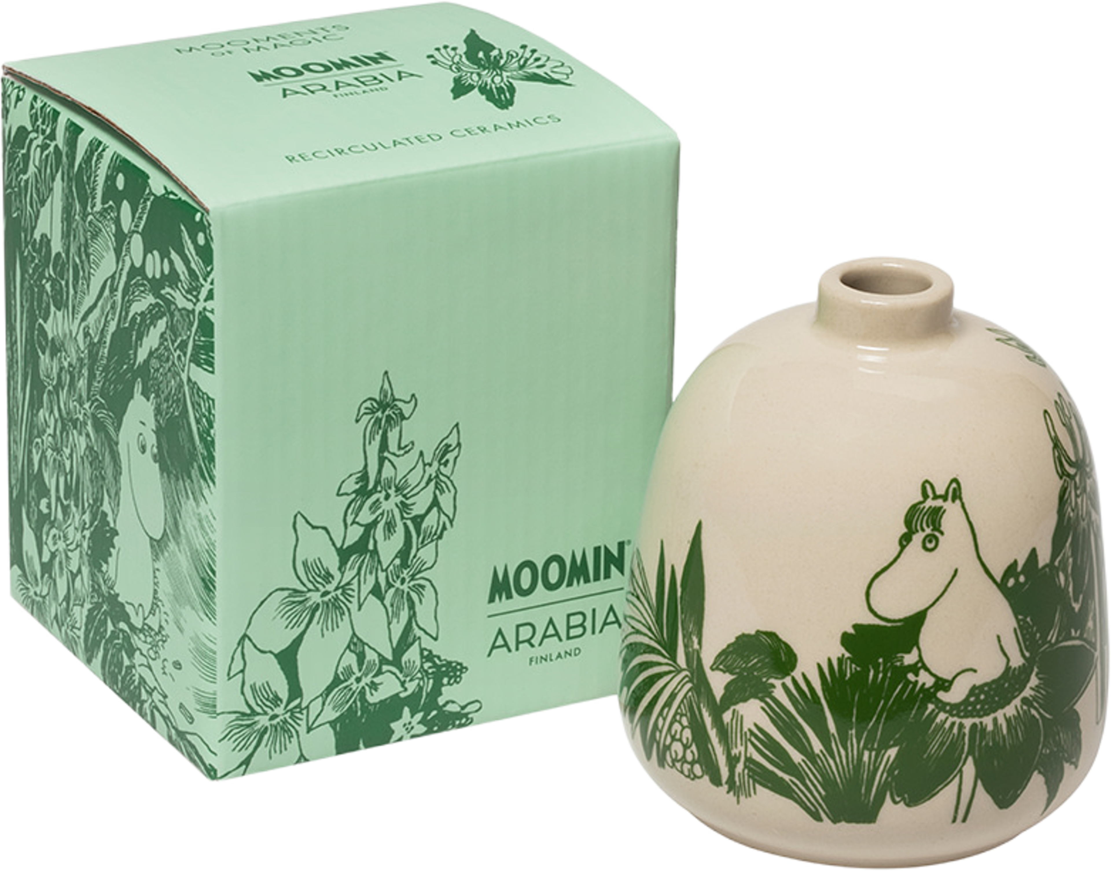 Mumin vas 83mm Mystikens skog återvunnen, från Moomin Arabia, i färgen Grön. Klicka för att öppna bilden i stort format