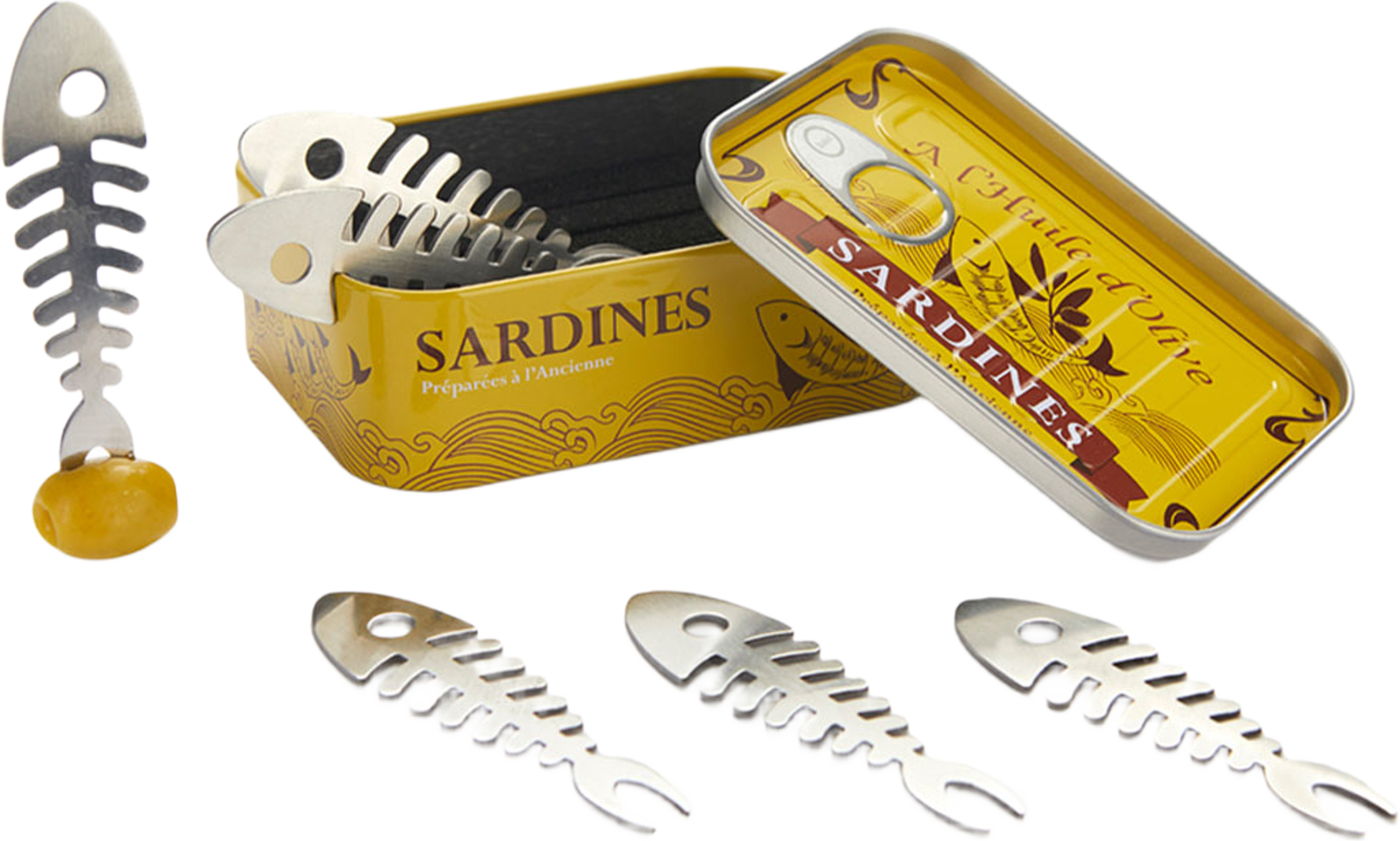 Tilltuggsgafflar Sardiner, set om 6 i plåtask, från BALVI, i färgen Yellow. Klicka för att öppna bilden i stort format