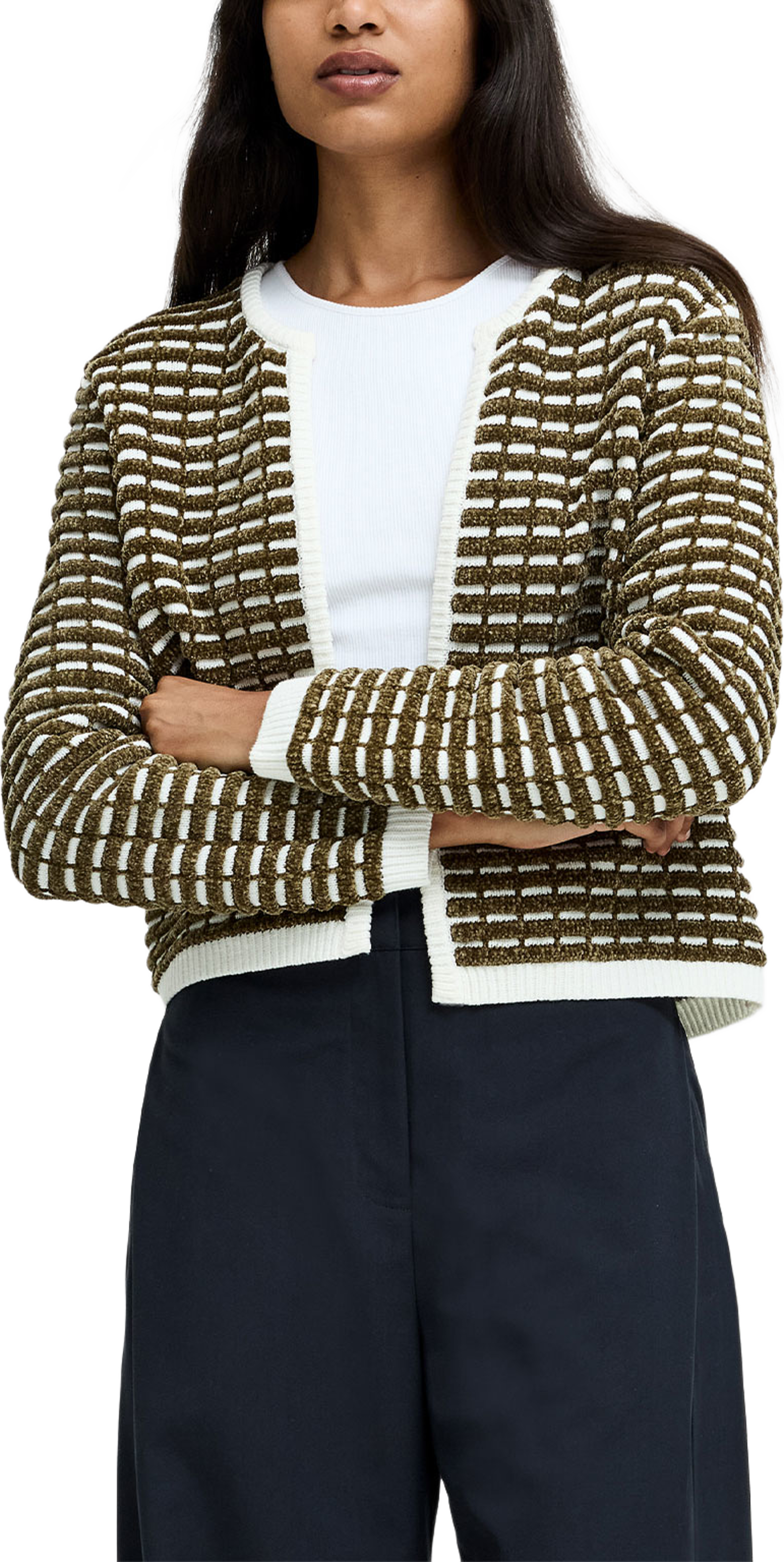 Noar Textured Knit Green Cardigan, från French Connection, i färgen Khaki Grn/Porc Crm. Klicka för att öppna bilden i stort format