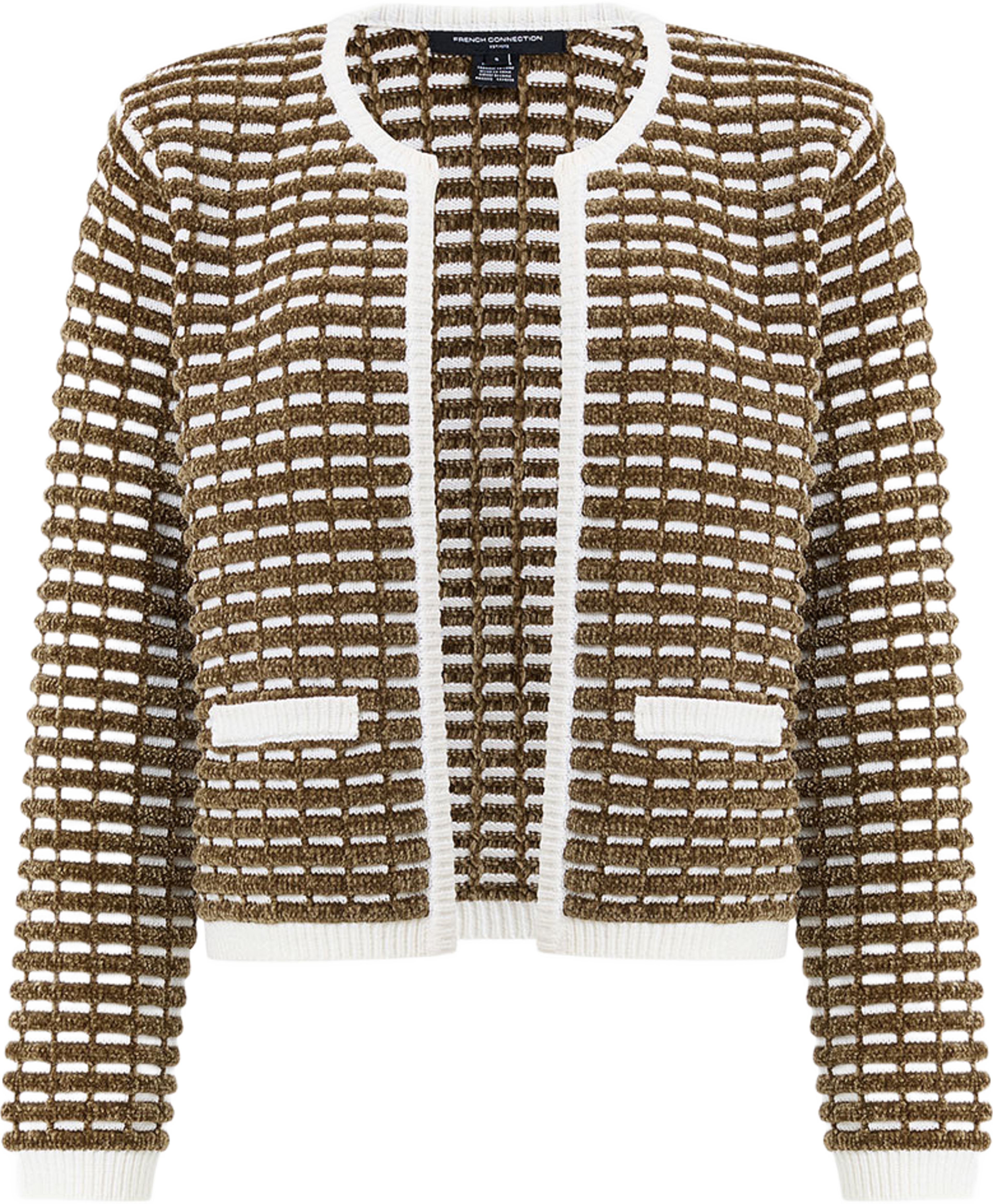Noar Textured Knit Green Cardigan, från French Connection, i färgen Khaki Grn/Porc Crm. Klicka för att öppna bilden i stort format