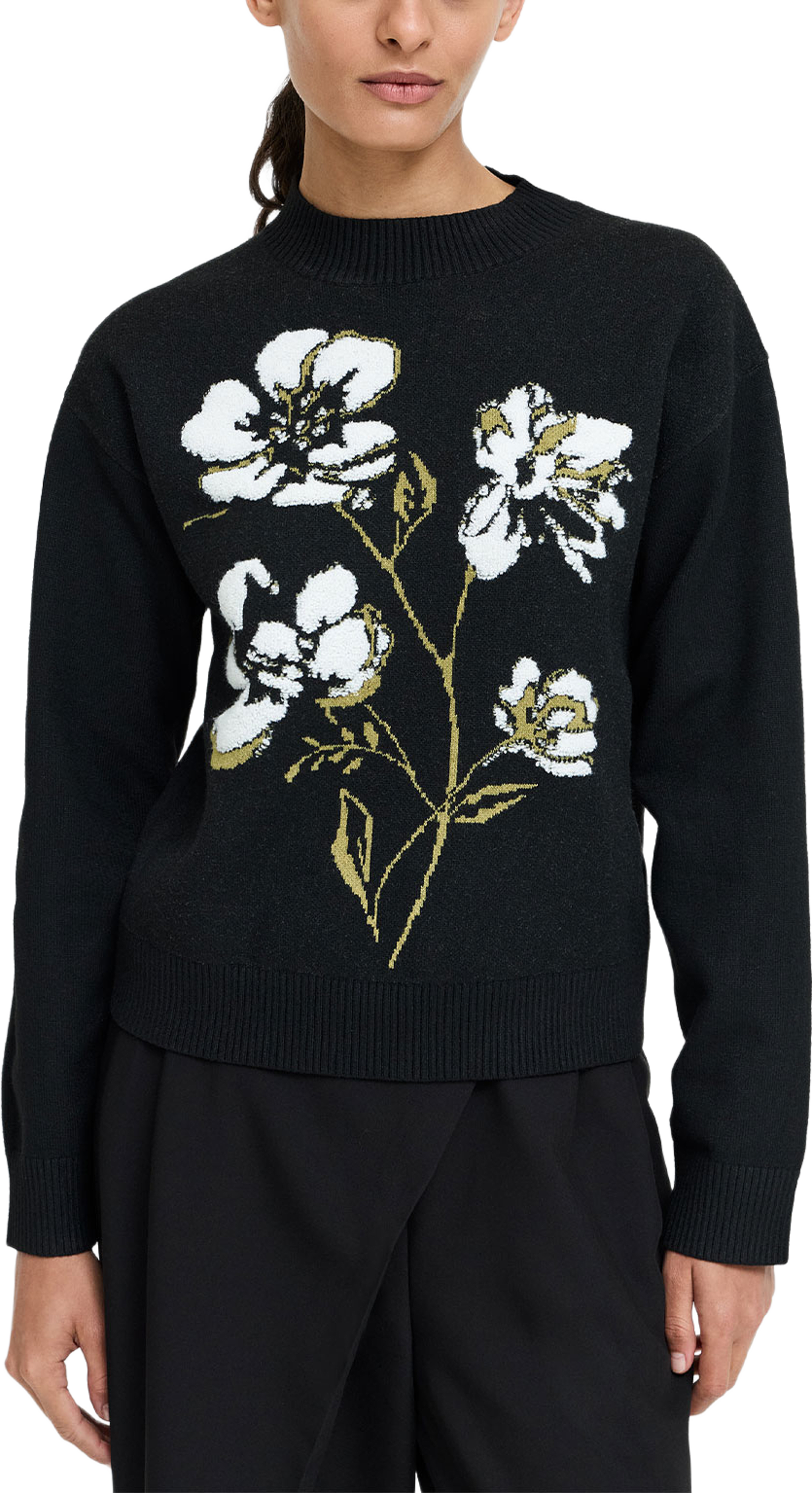 Oriana Black Floral Jacquard Mock Neck Jumper, från French Connection, i färgen Blk/Khaki Grn Multi. Klicka för att öppna bilden i stort format