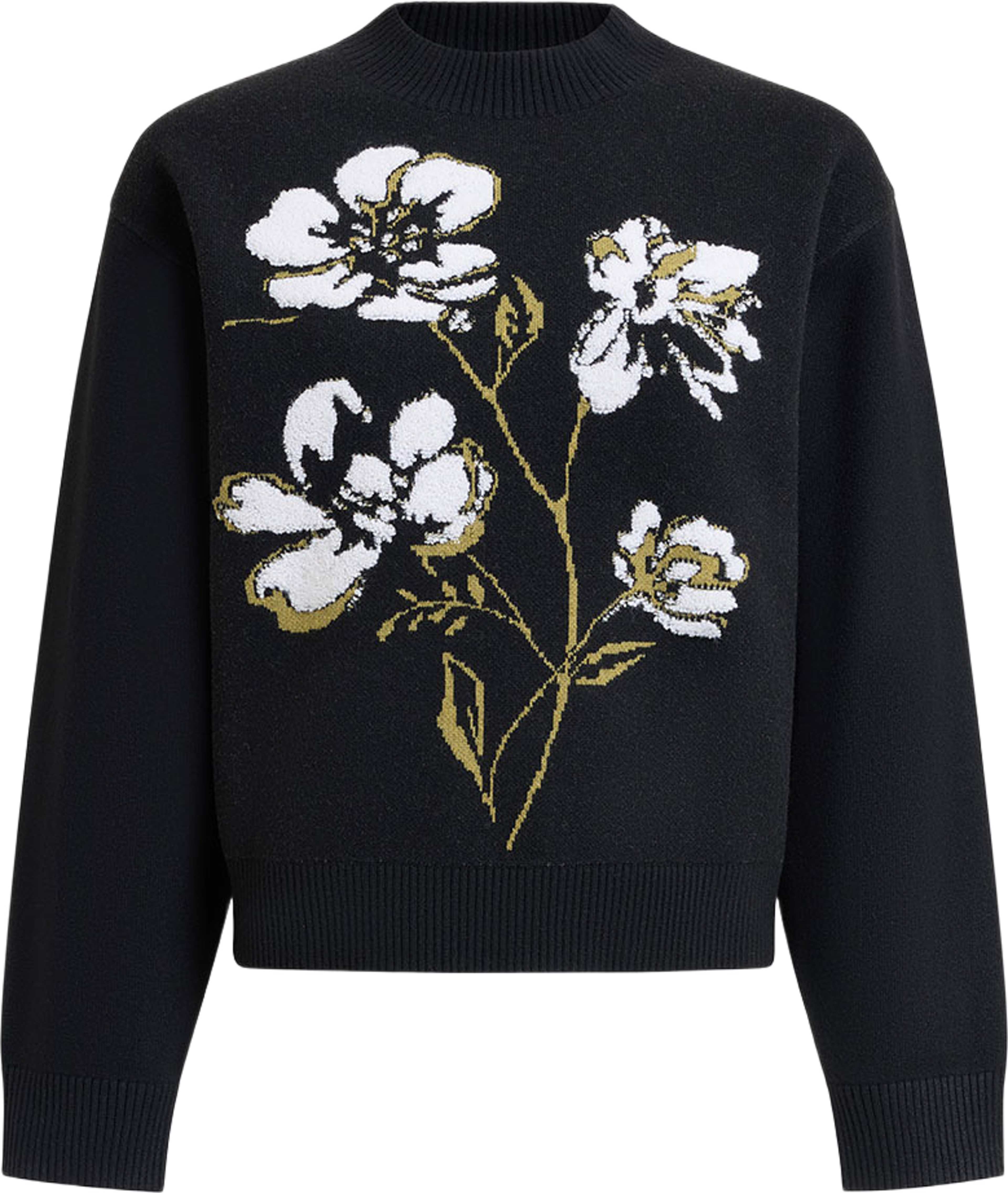 Oriana Black Floral Jacquard Mock Neck Jumper, från French Connection, i färgen Blk/Khaki Grn Multi. Klicka för att öppna bilden i stort format