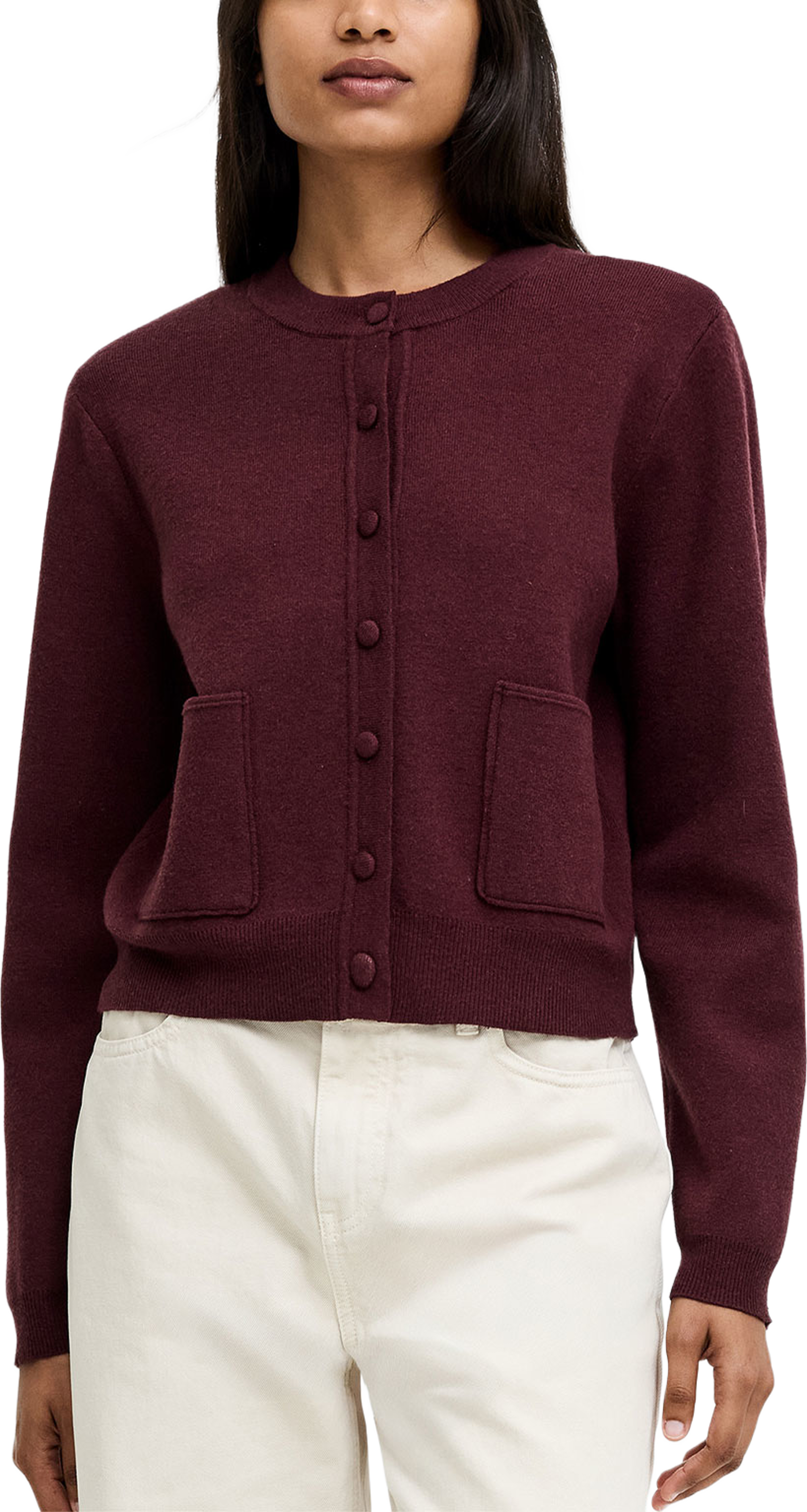 Riri Burgundy Knit Button Through Cardigan, från French Connection, i färgen Cherry Liqueur. Klicka för att öppna bilden i stort format