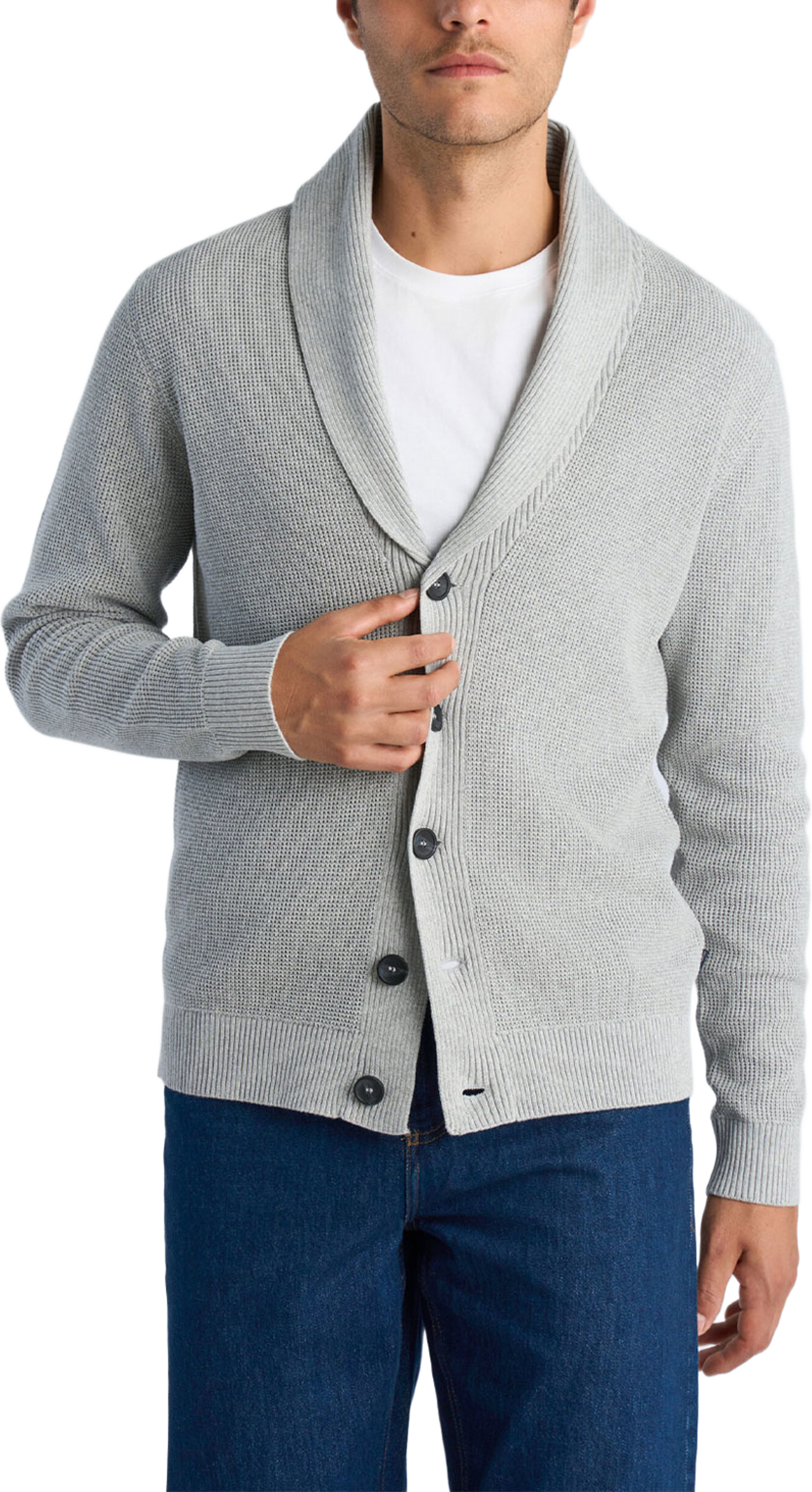 Recycled shawl collar cardigan, från Lindbergh, i färgen Grey Mel. Klicka för att öppna bilden i stort format