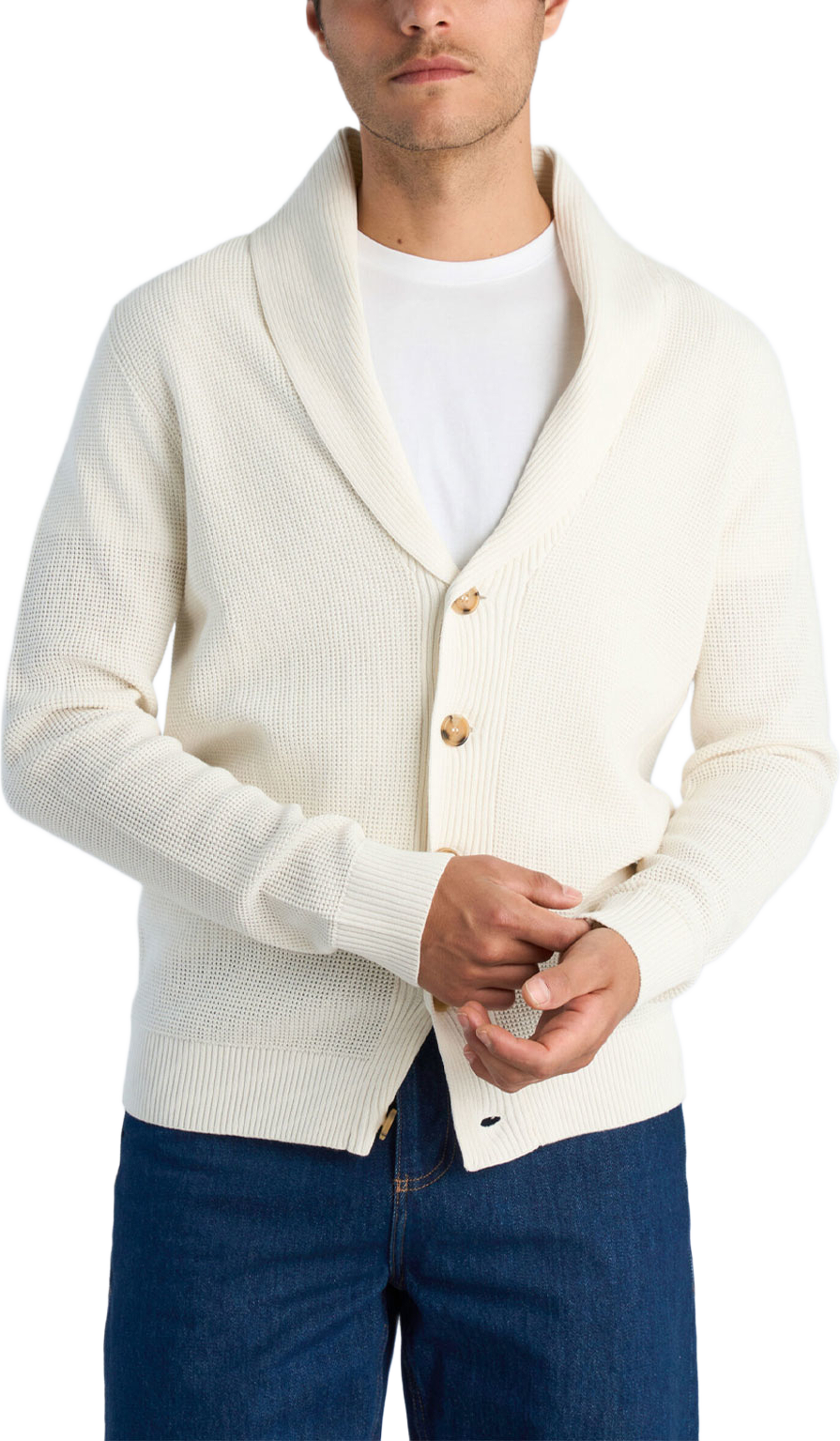 Recycled shawl collar cardigan, från Lindbergh, i färgen Off White. Klicka för att öppna bilden i stort format