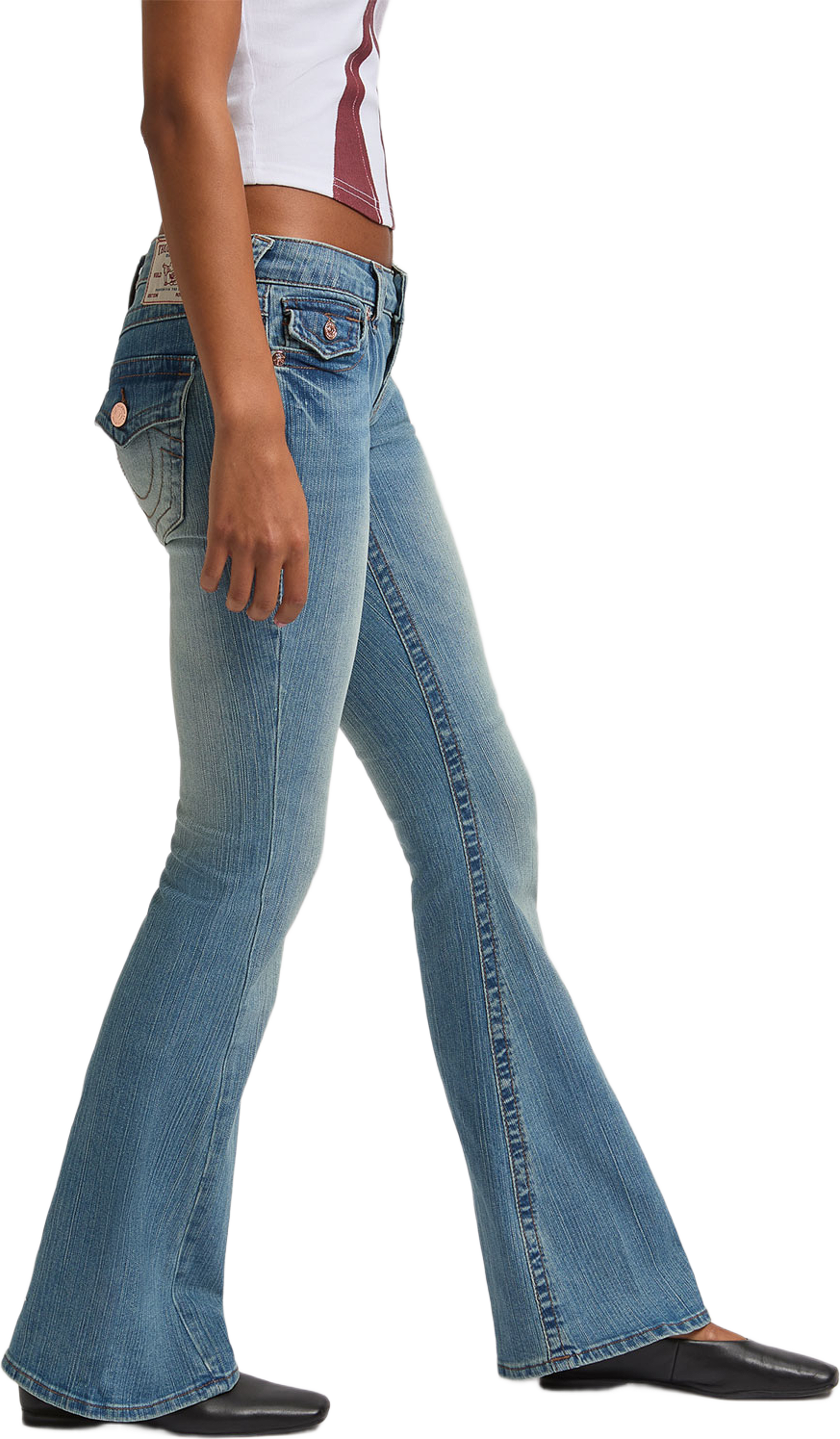 Joey Low Rise Flare Flap, från True Religion, i färgen Baja Horizon. Klicka för att öppna bilden i stort format