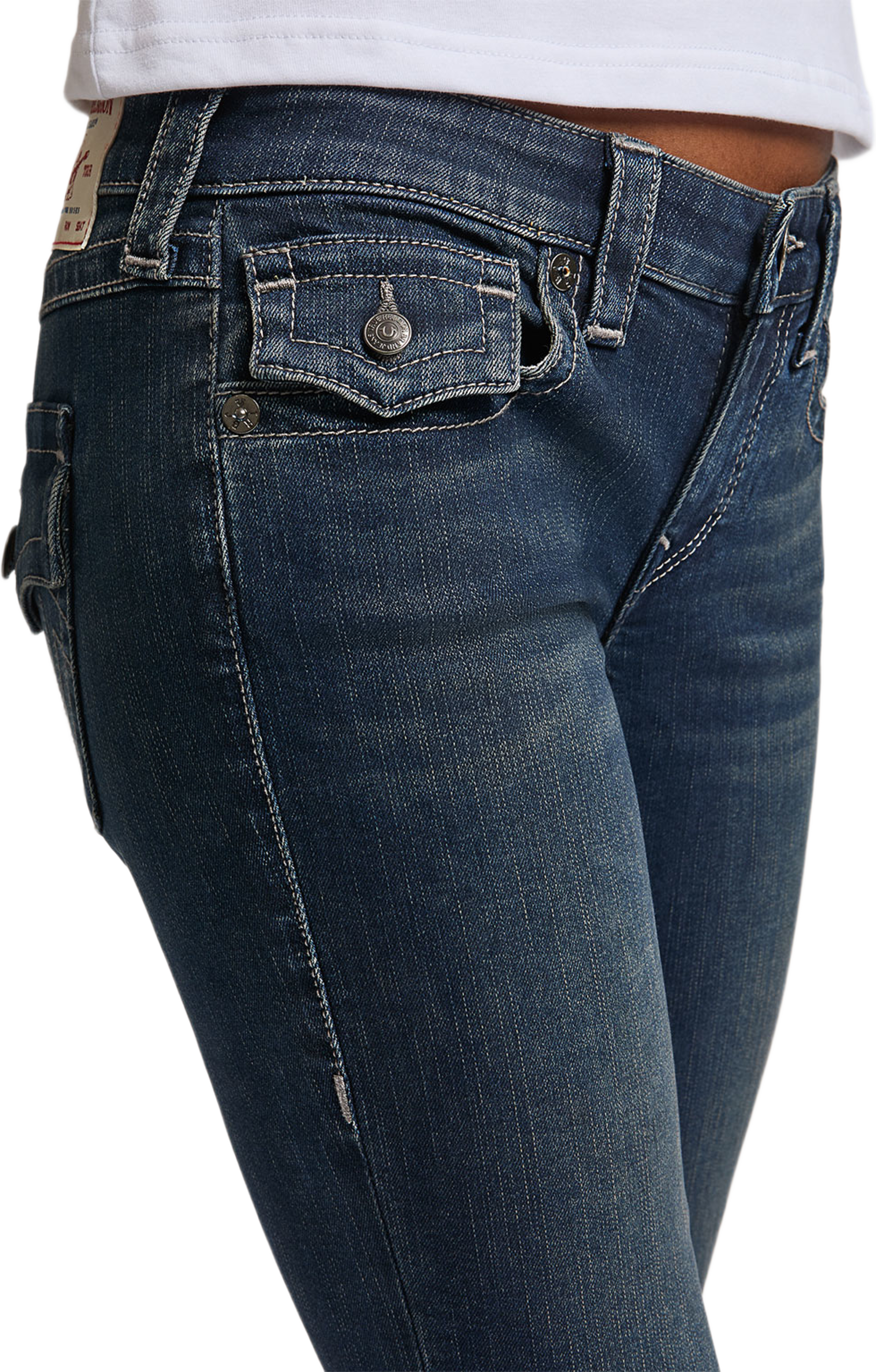 Joey Low Rise Flare Flap, från True Religion, i färgen Heather. Klicka för att öppna bilden i stort format